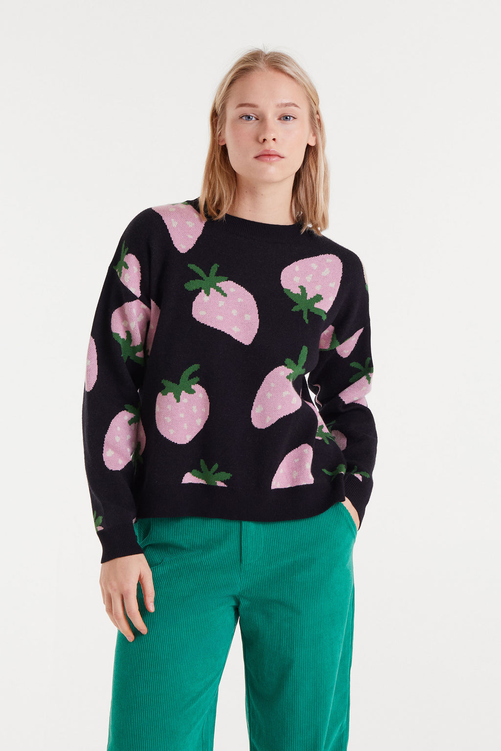Black Jumper with Strawbery Print.