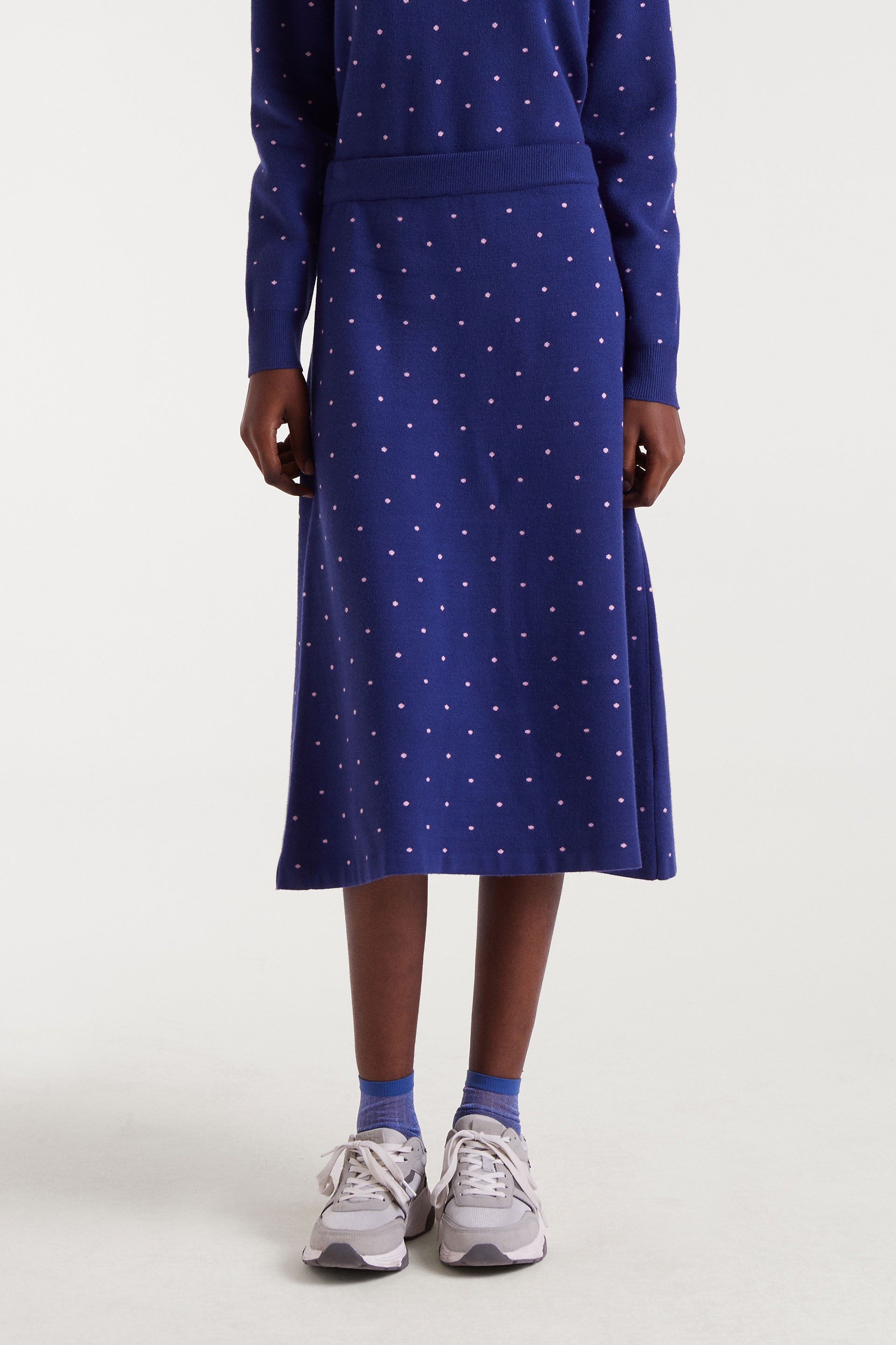 Blue Midi Skirt With Pink Dots.