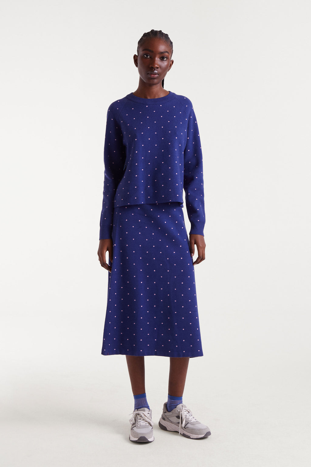 Blue Midi Skirt With Pink Dots.