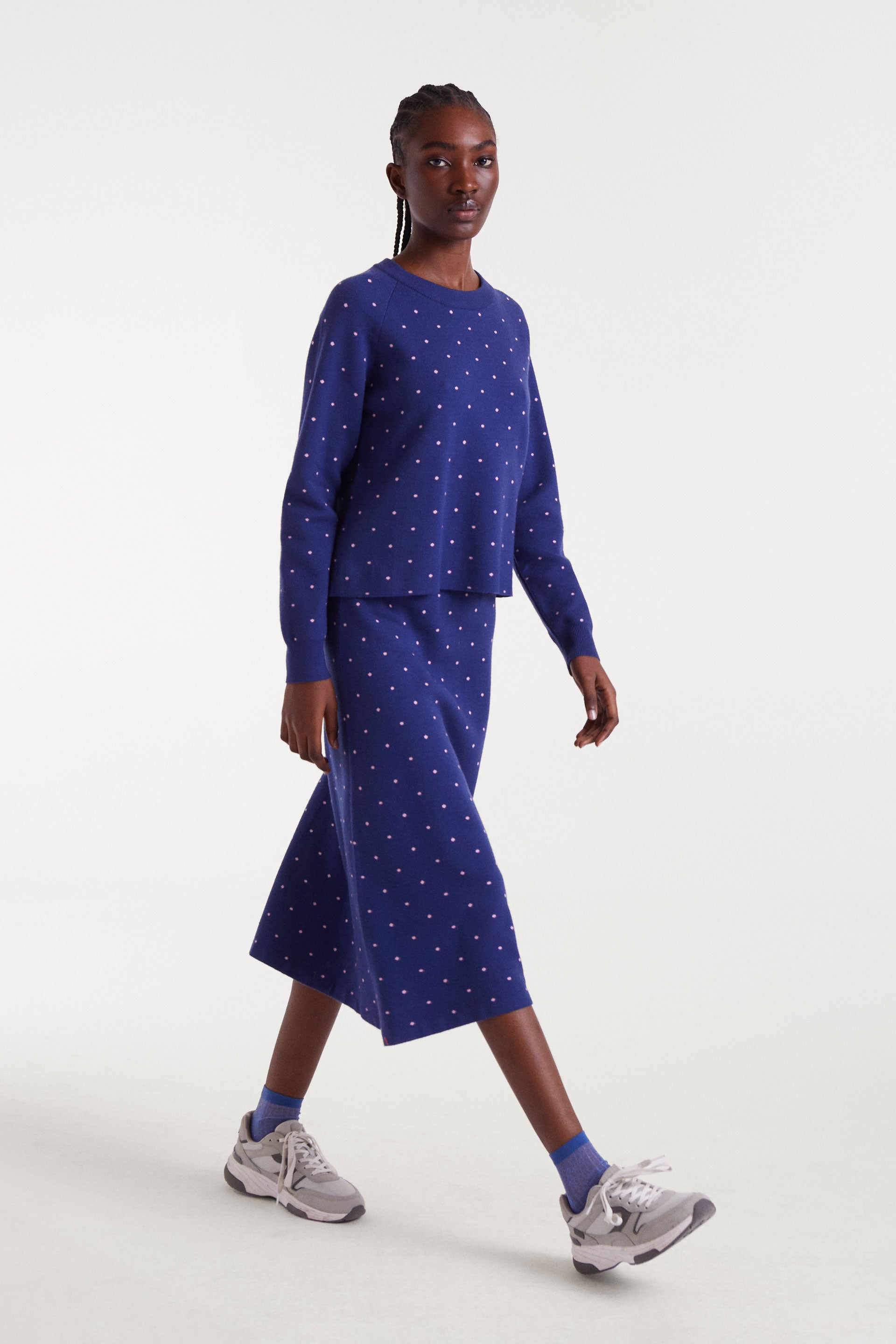 Blue Midi Skirt With Pink Dots.