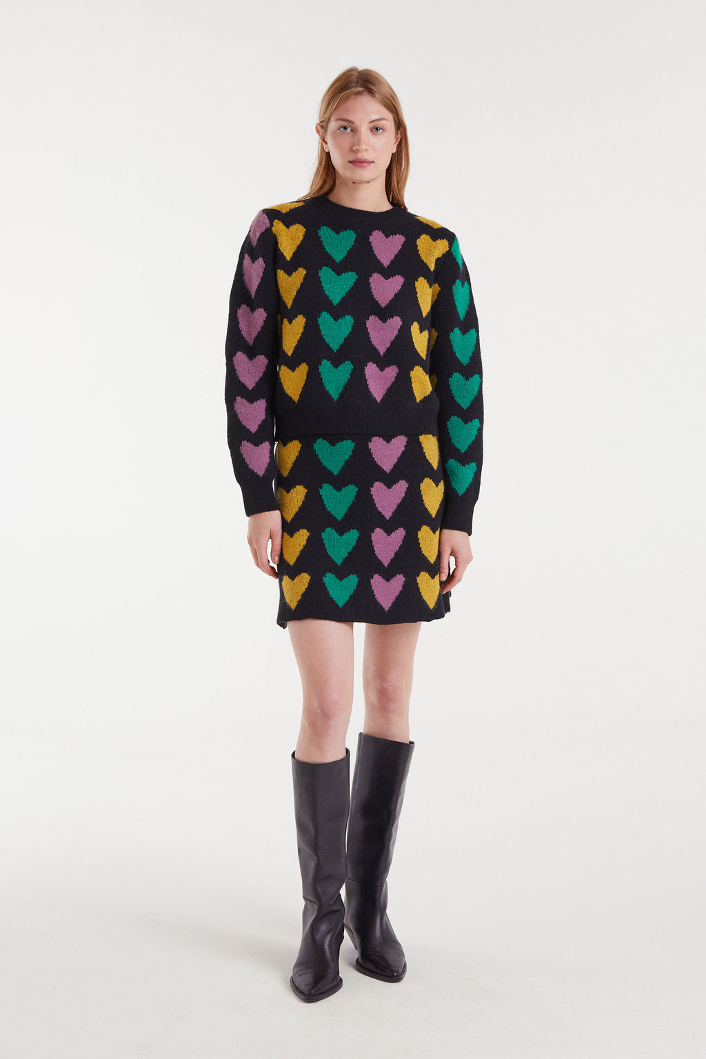 Black Mini Skirt with Heart Print.