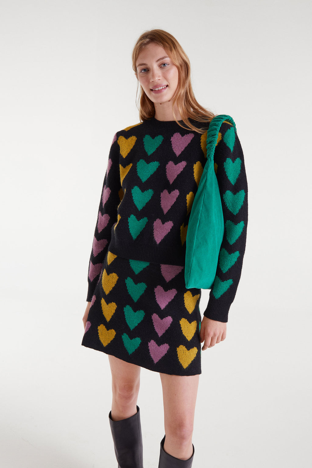 Black Mini Skirt with Heart Print.