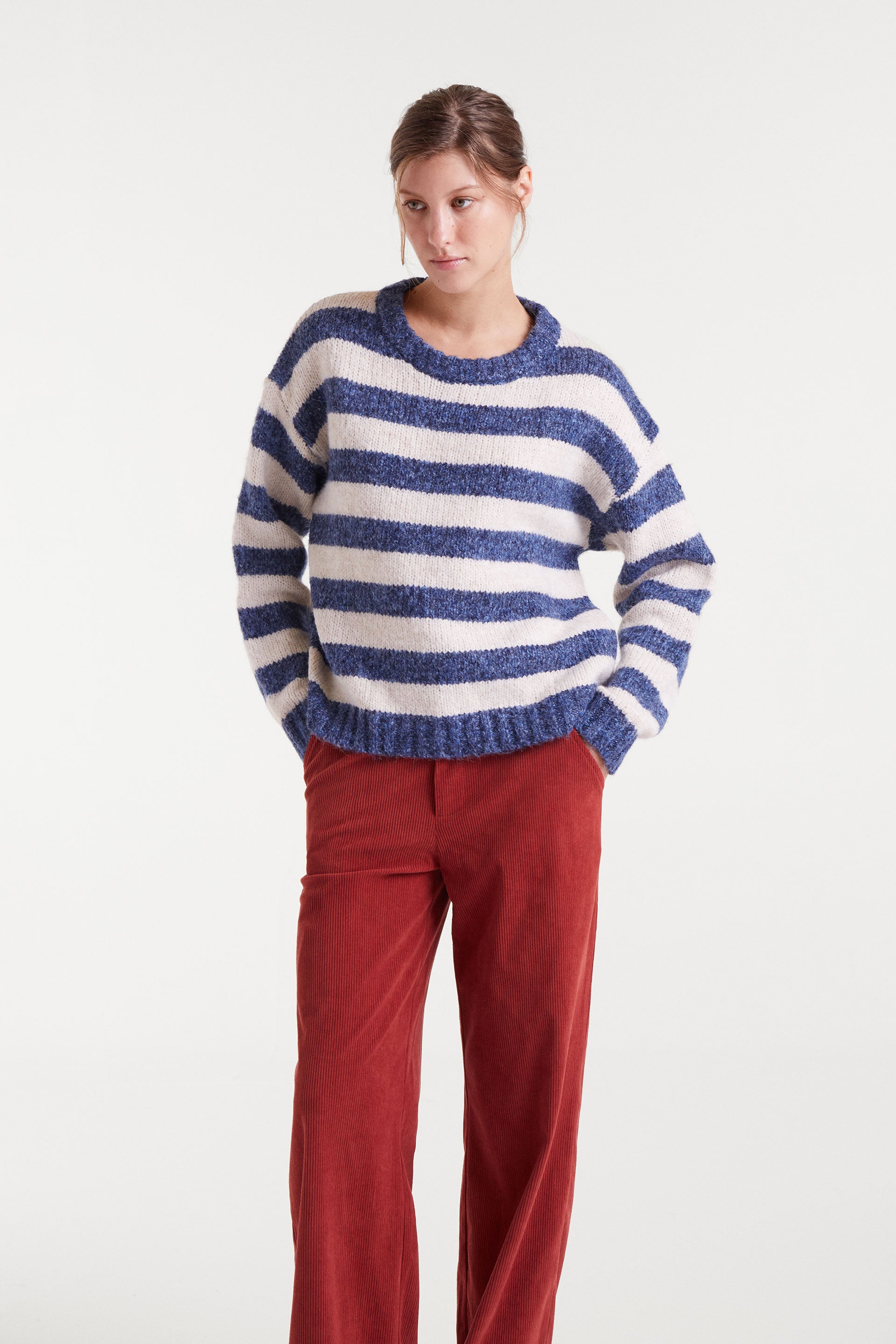 Blue and White Knitted Sweater.