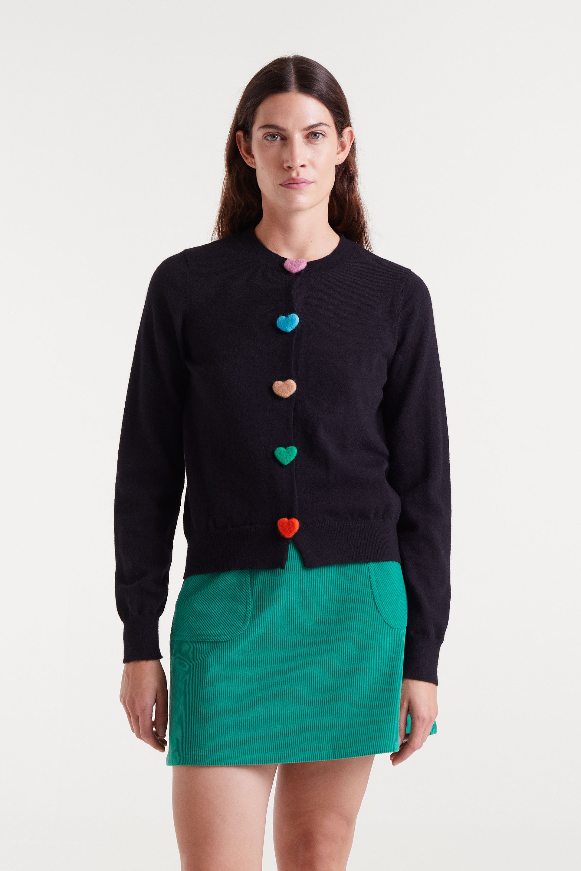 Black Knitted Cardigan with Heart-Shaped Buttons.