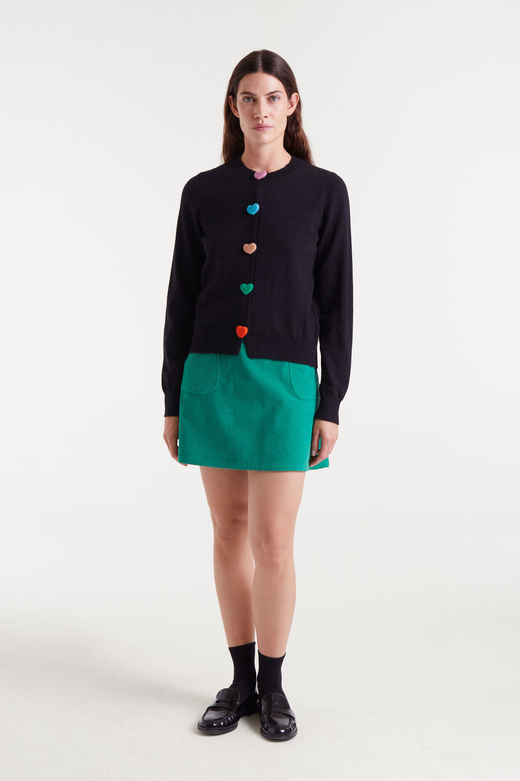 Black Knitted Cardigan with Heart-Shaped Buttons.