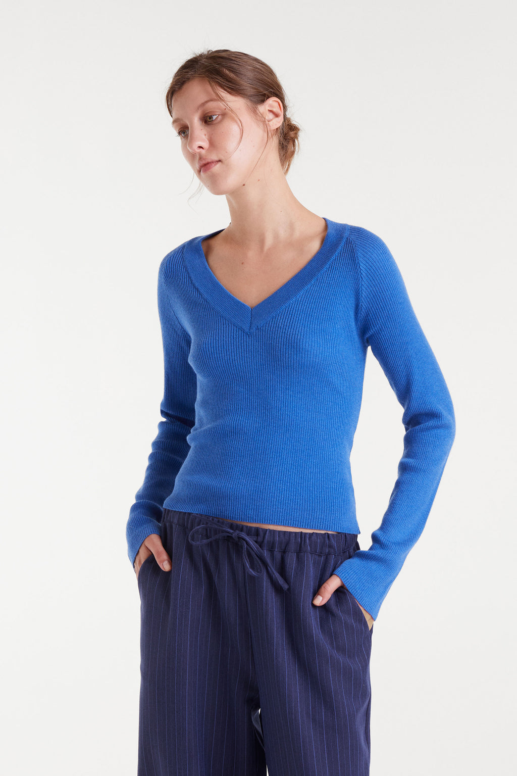 Blue V-Neck Ribbed Sweater.