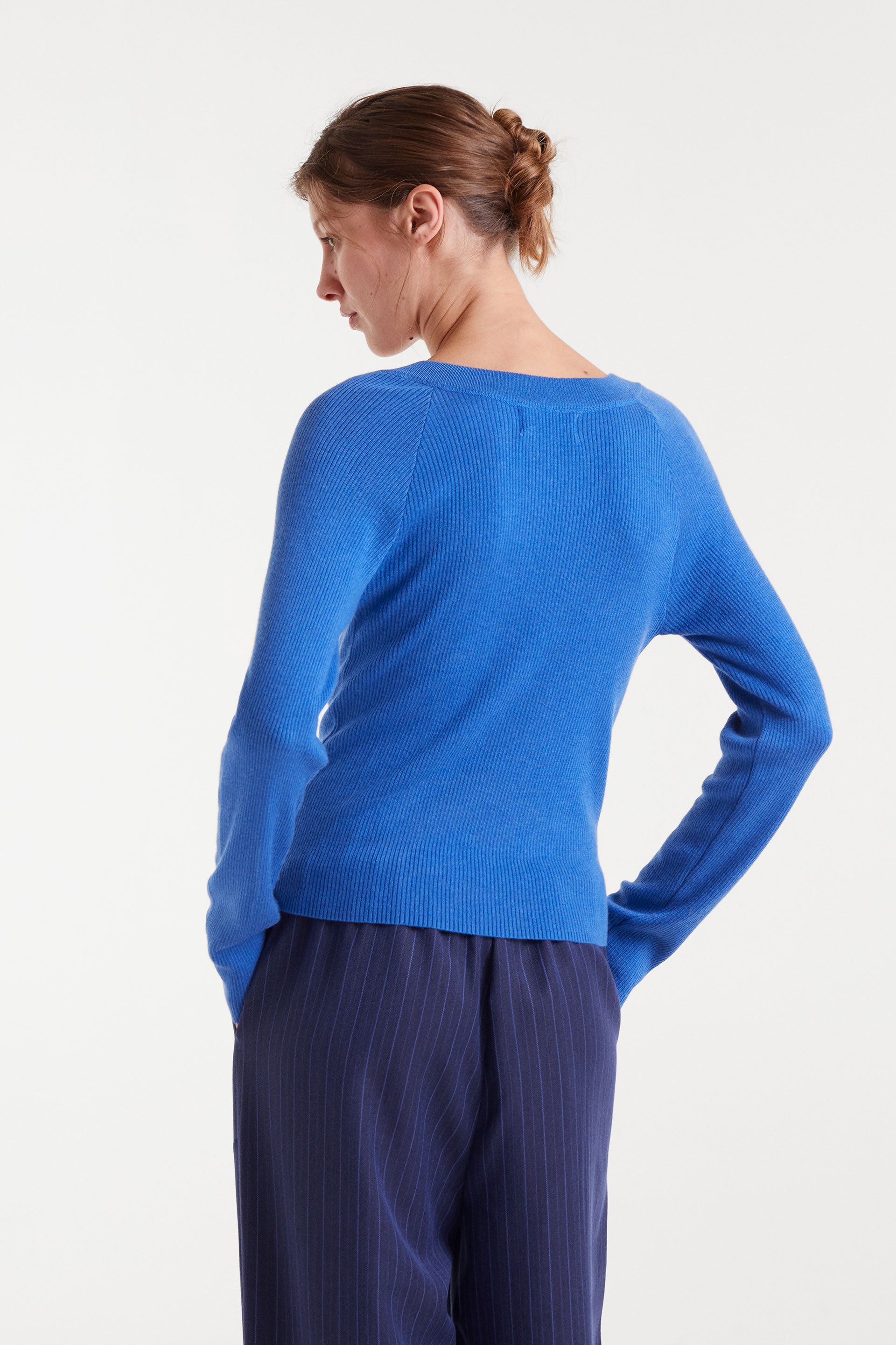 Blue V-Neck Ribbed Sweater.
