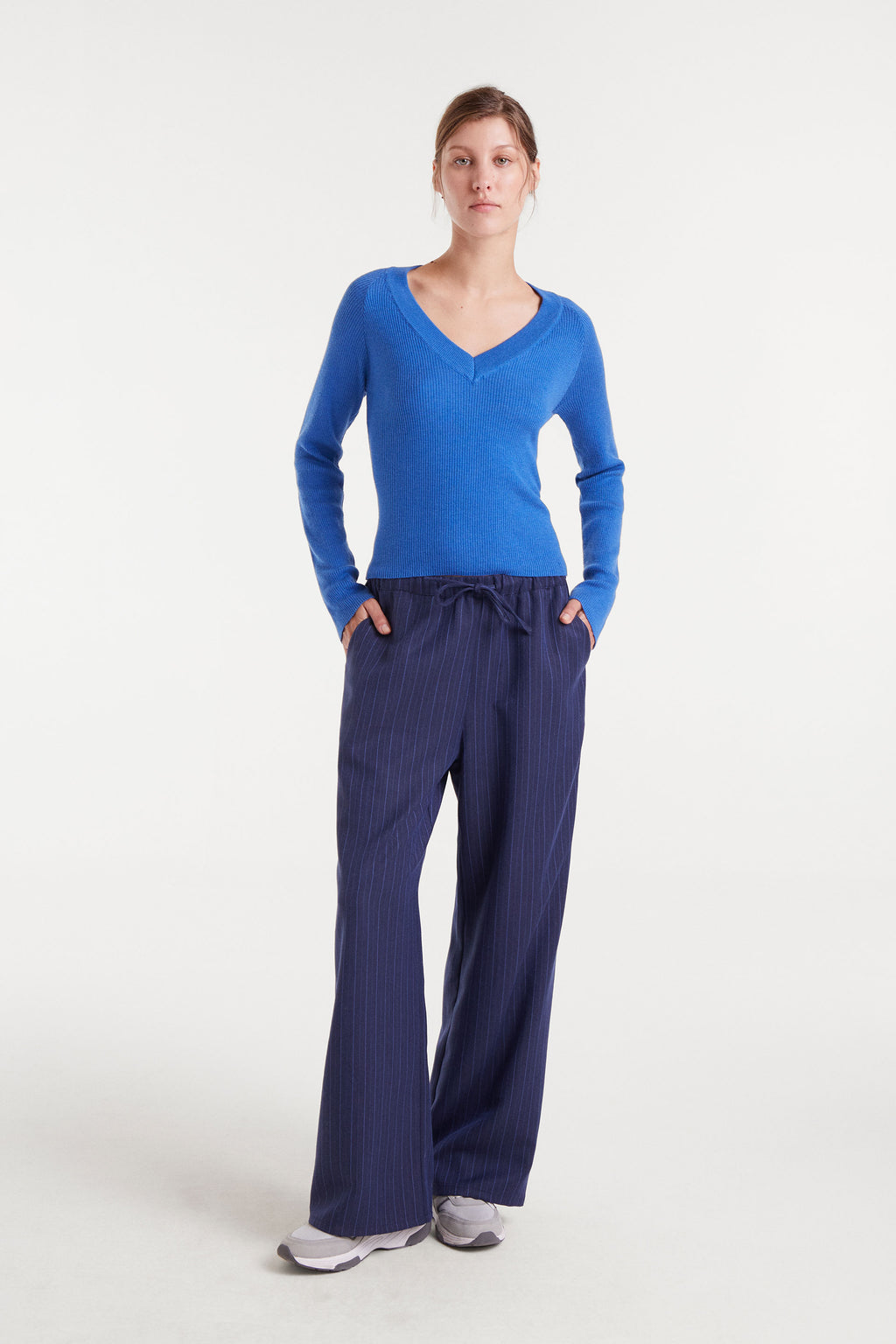 Blue V-Neck Ribbed Sweater.