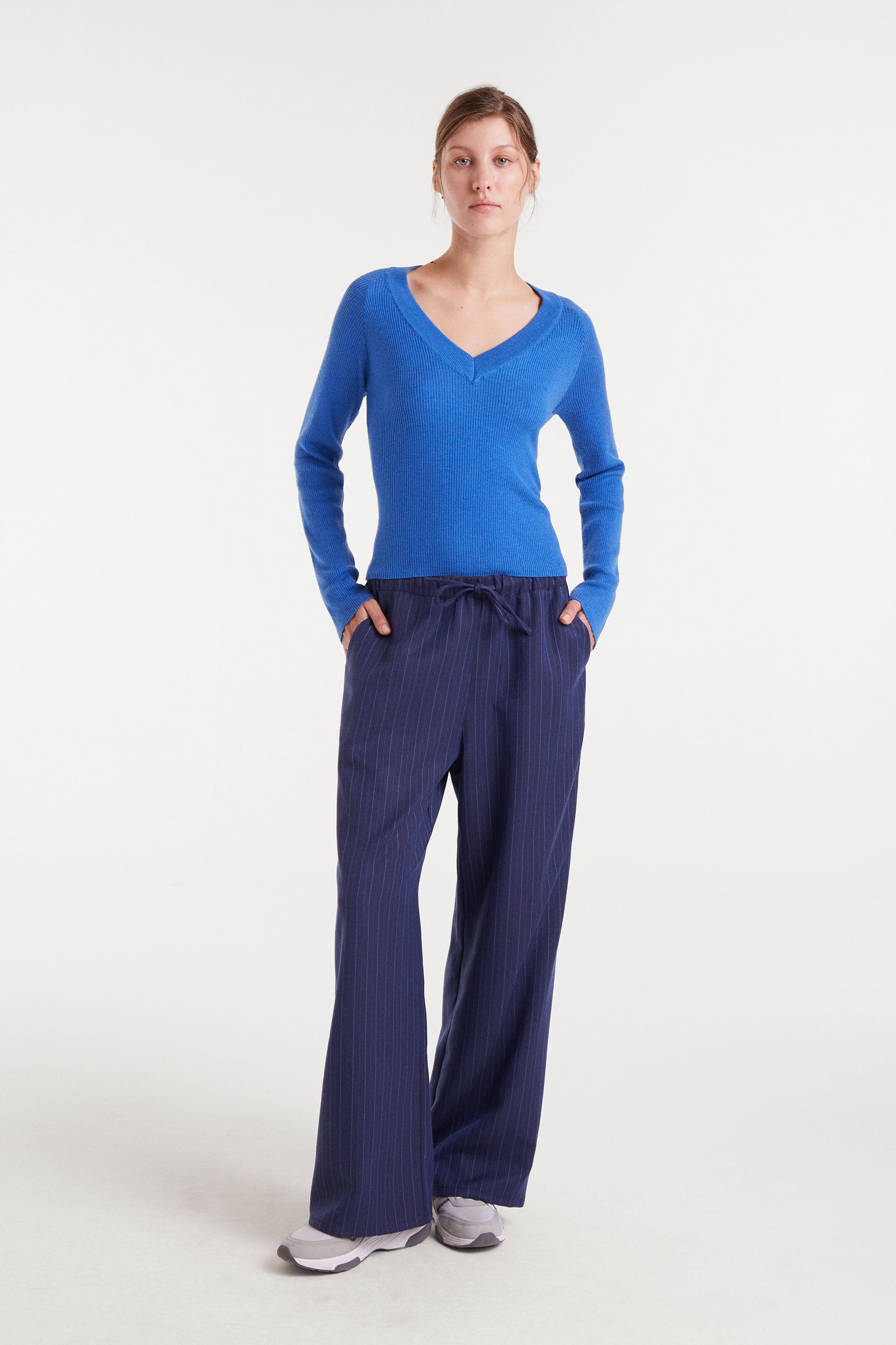 Blue V-Neck Ribbed Sweater.