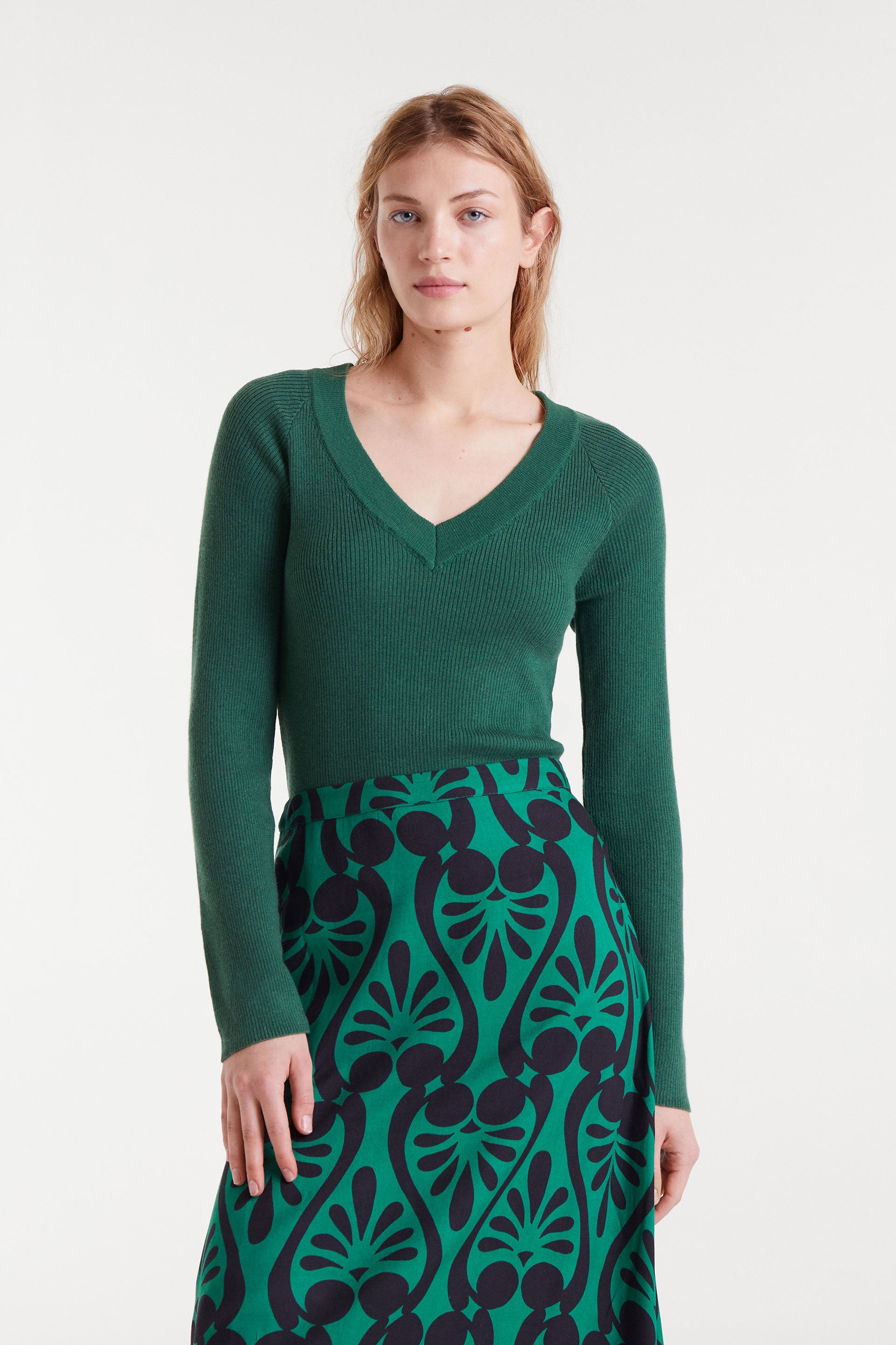 Green V-Neck Ribbed Sweater.