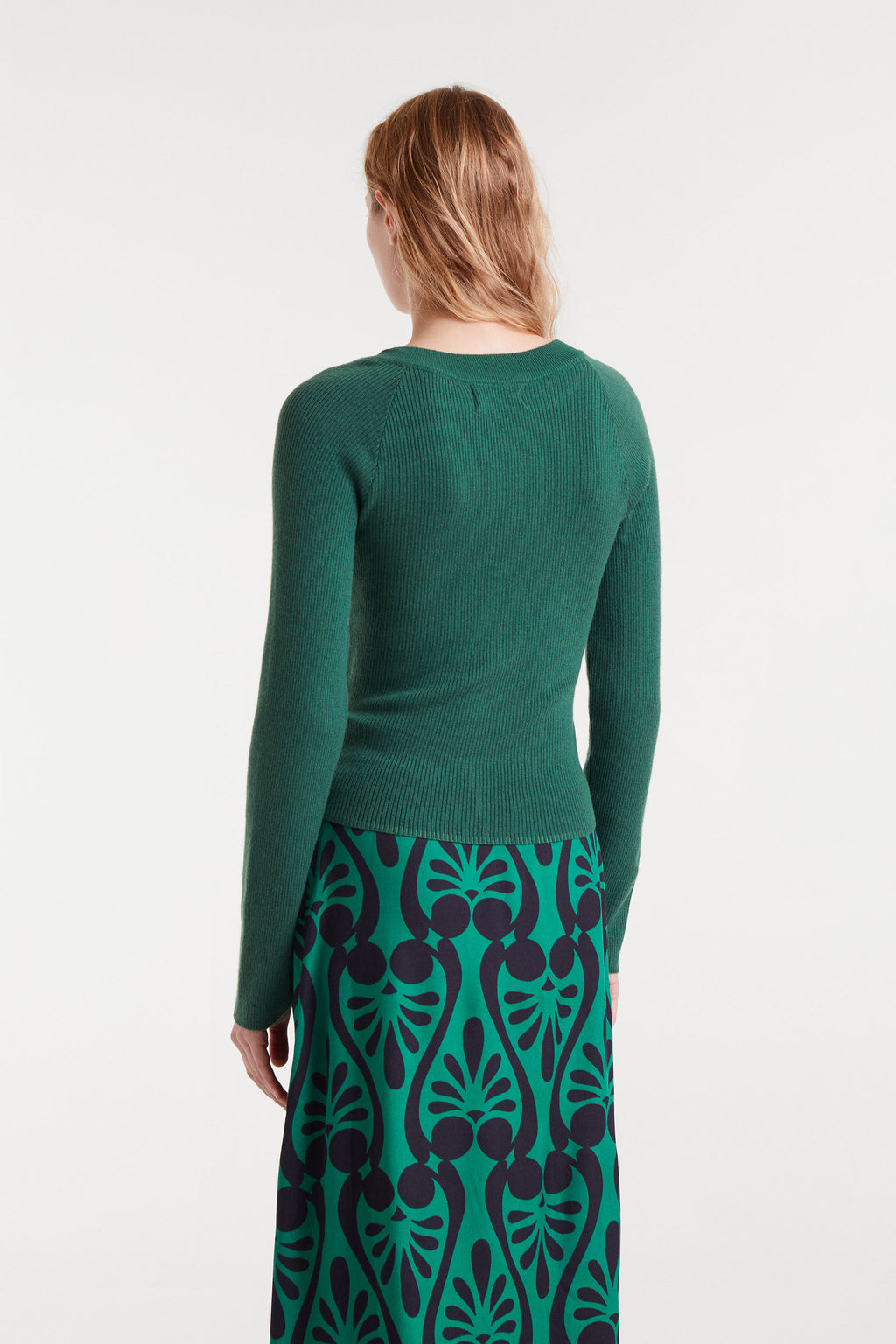 Green V-Neck Ribbed Sweater.
