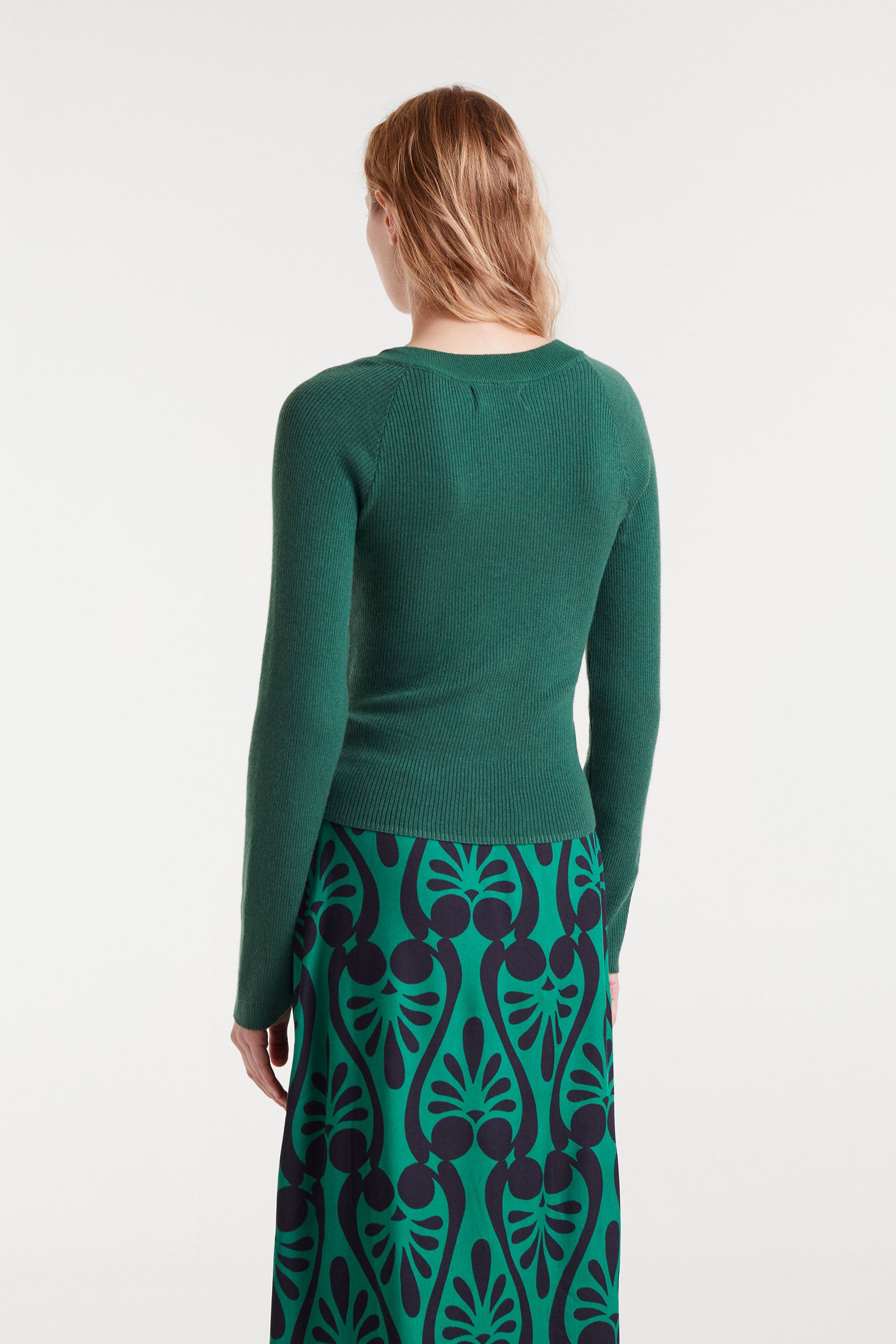 Green V-Neck Ribbed Sweater.