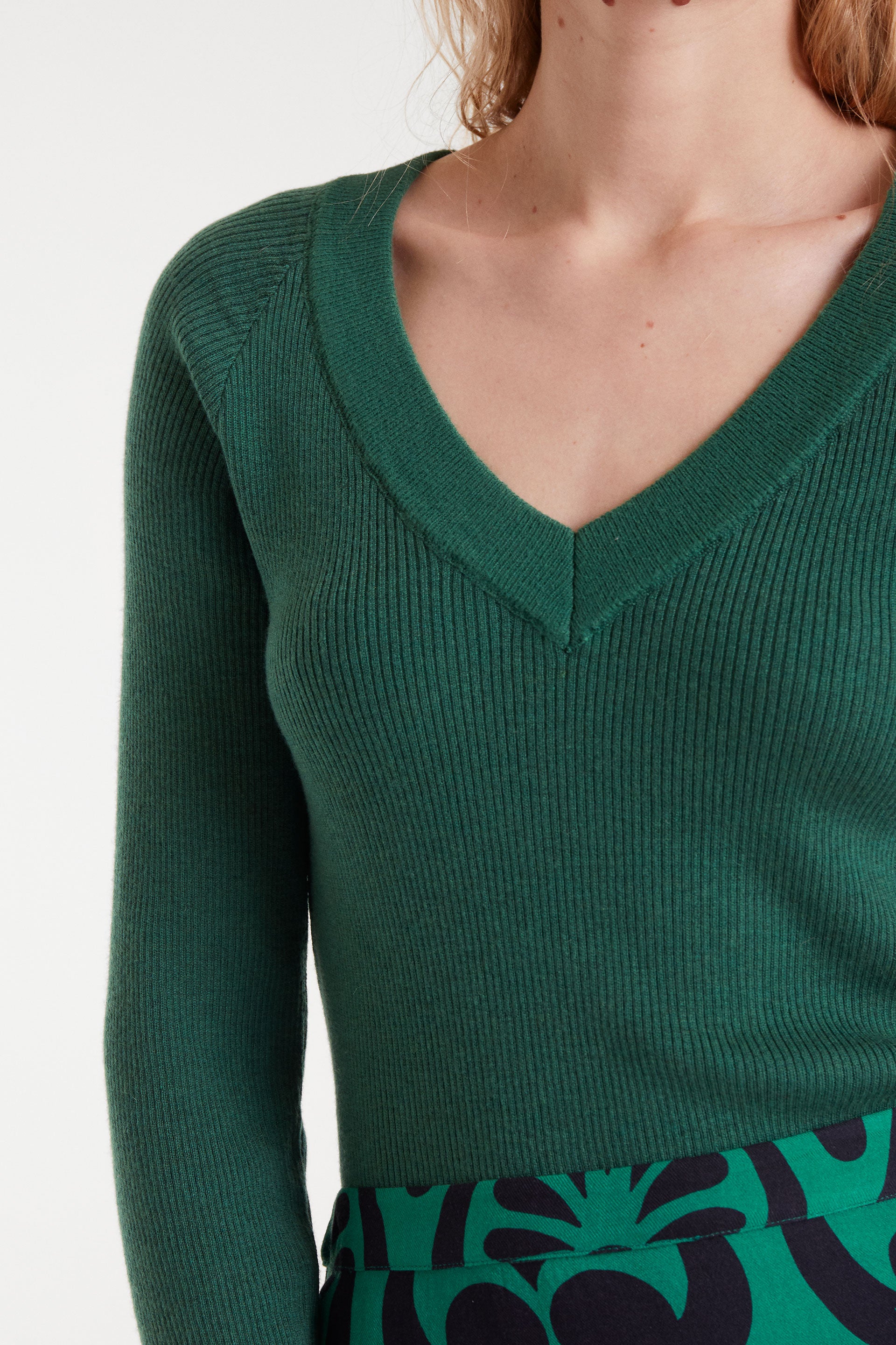 Green V-Neck Ribbed Sweater.