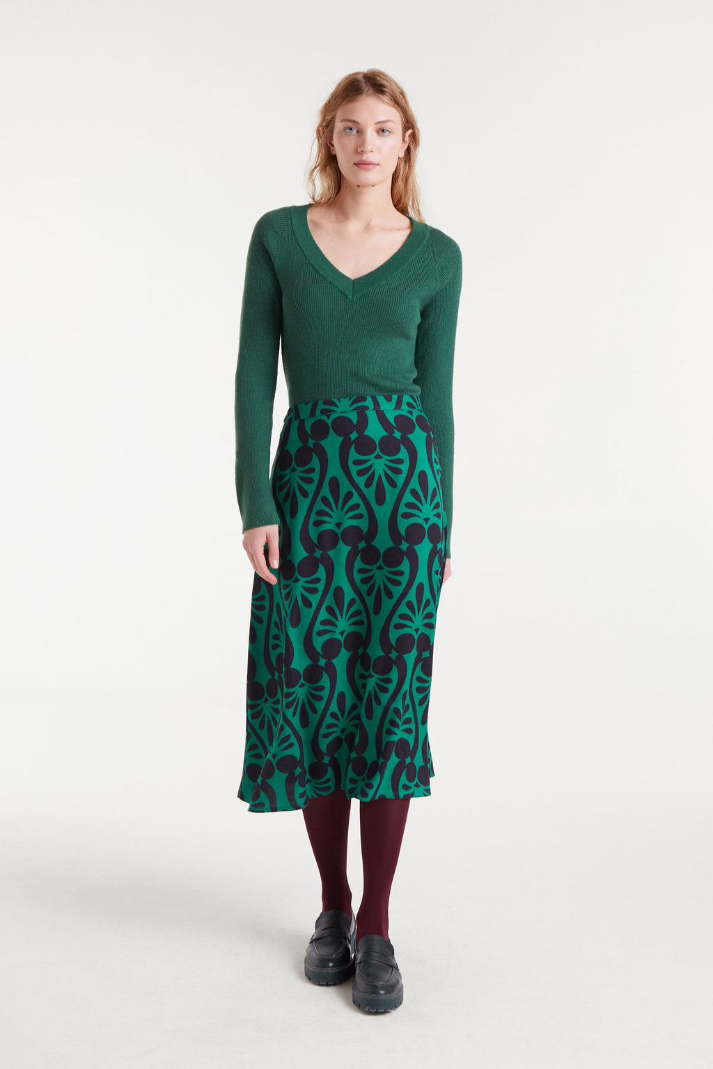 Green V-Neck Ribbed Sweater.