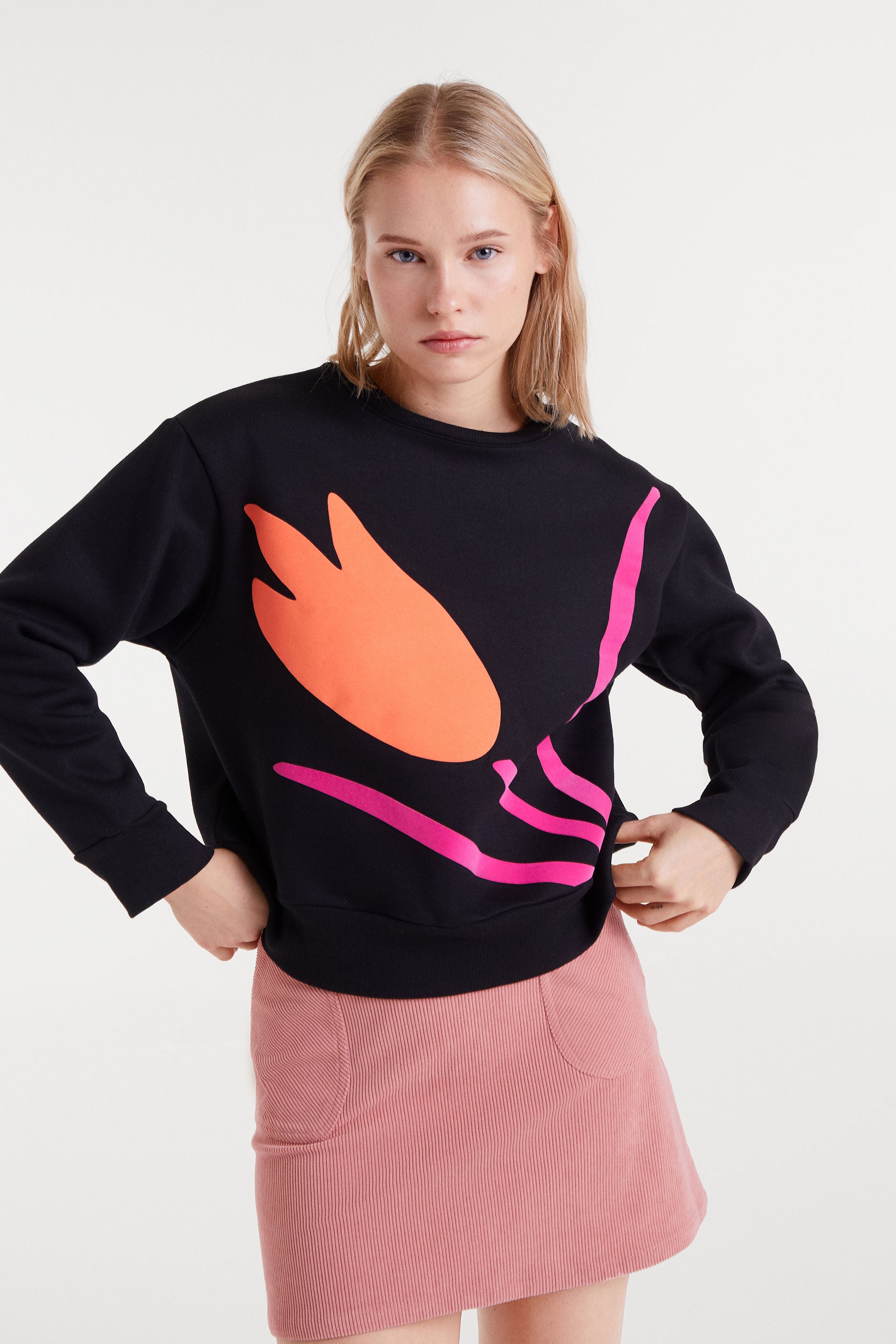 Black Sweatshirt with Flower Print