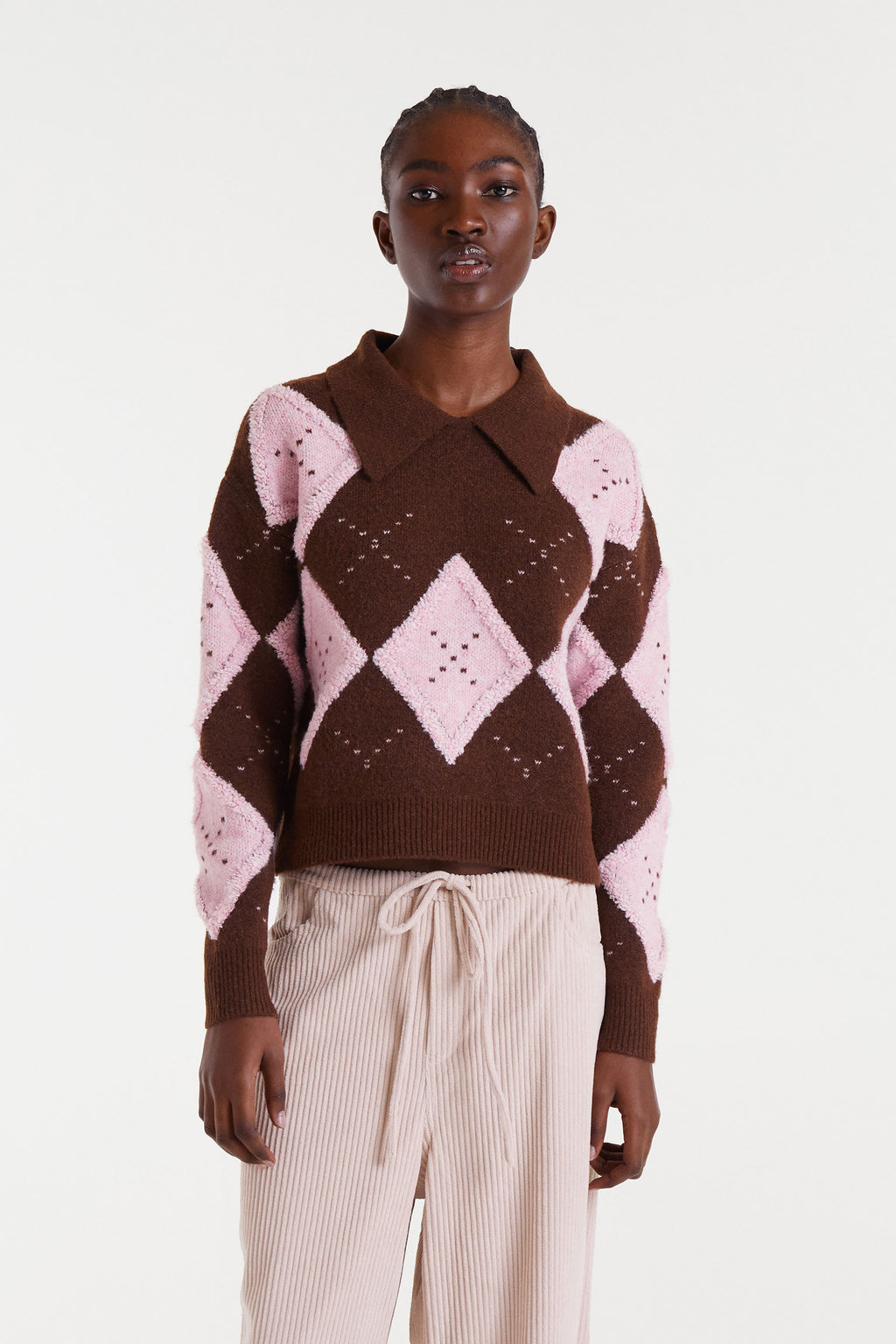 Knit Sweater with Pink and Brown Trim