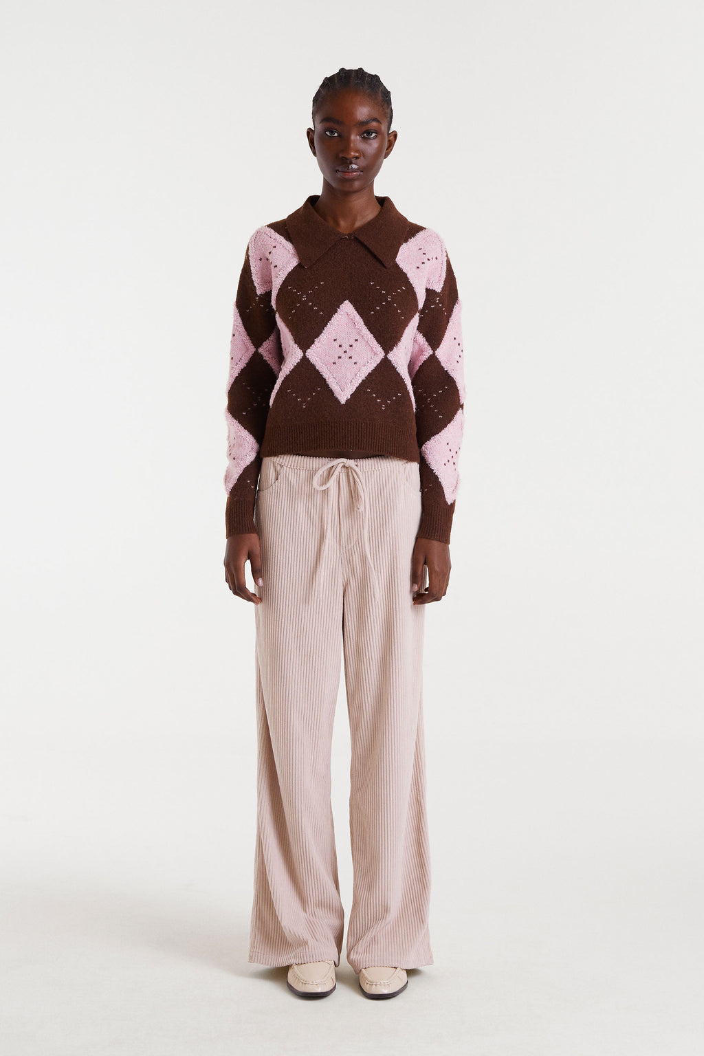 Knit Sweater with Pink and Brown Trim