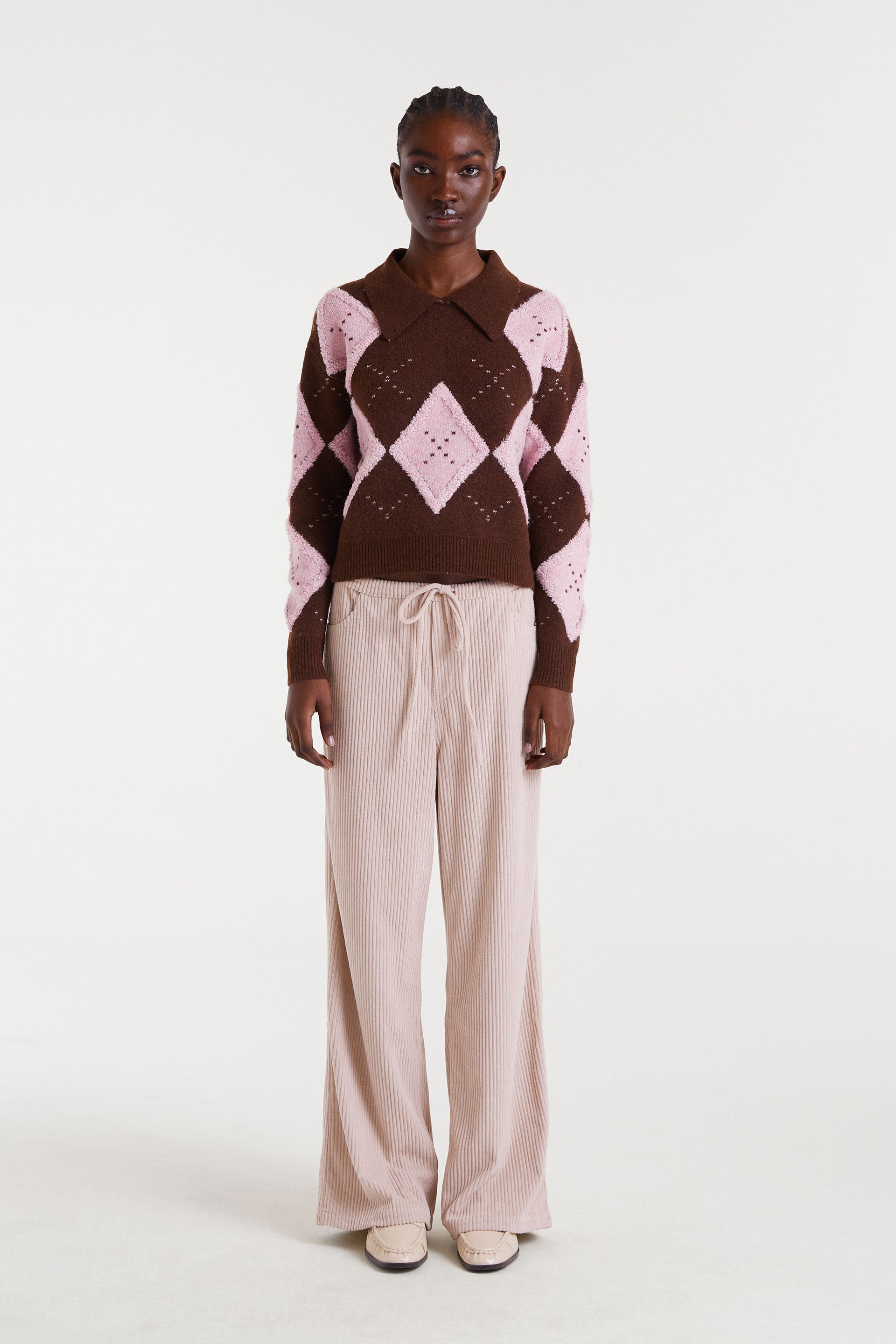 Knit Sweater with Pink and Brown Trim