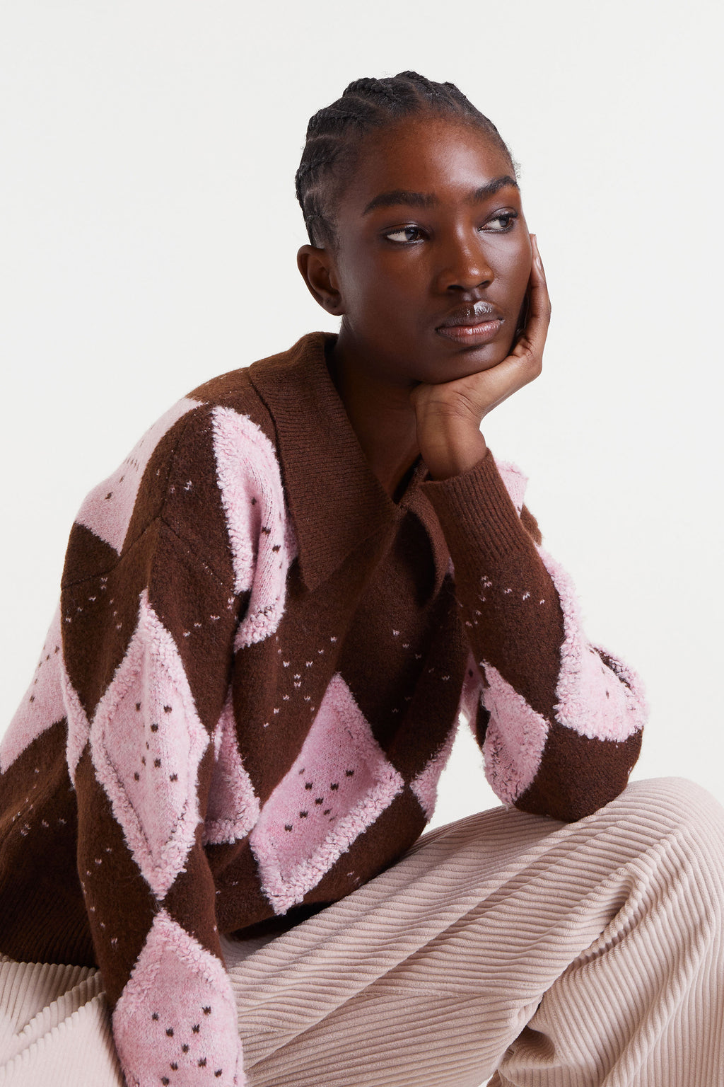 Knit Sweater with Pink and Brown Trim