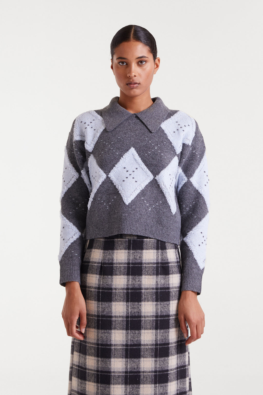 Knit Sweater with Gray and Blue Trim