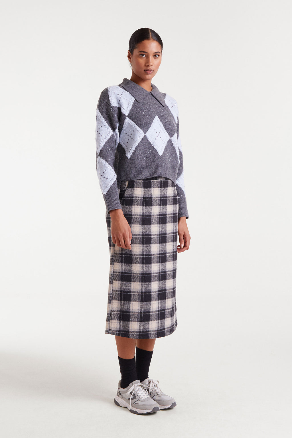 Knit Sweater with Gray and Blue Trim