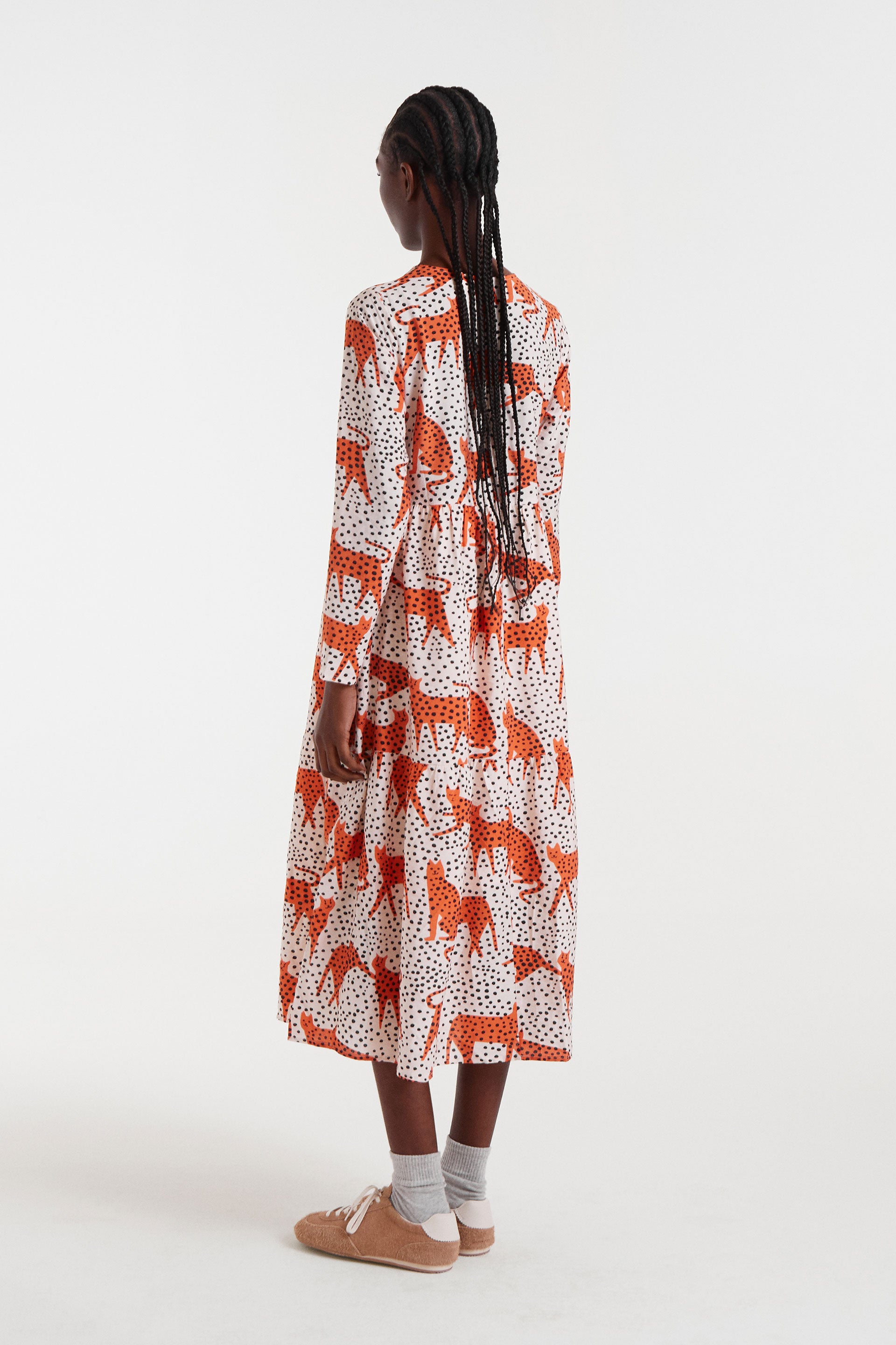 Midi Dress with Orange Cat Patern