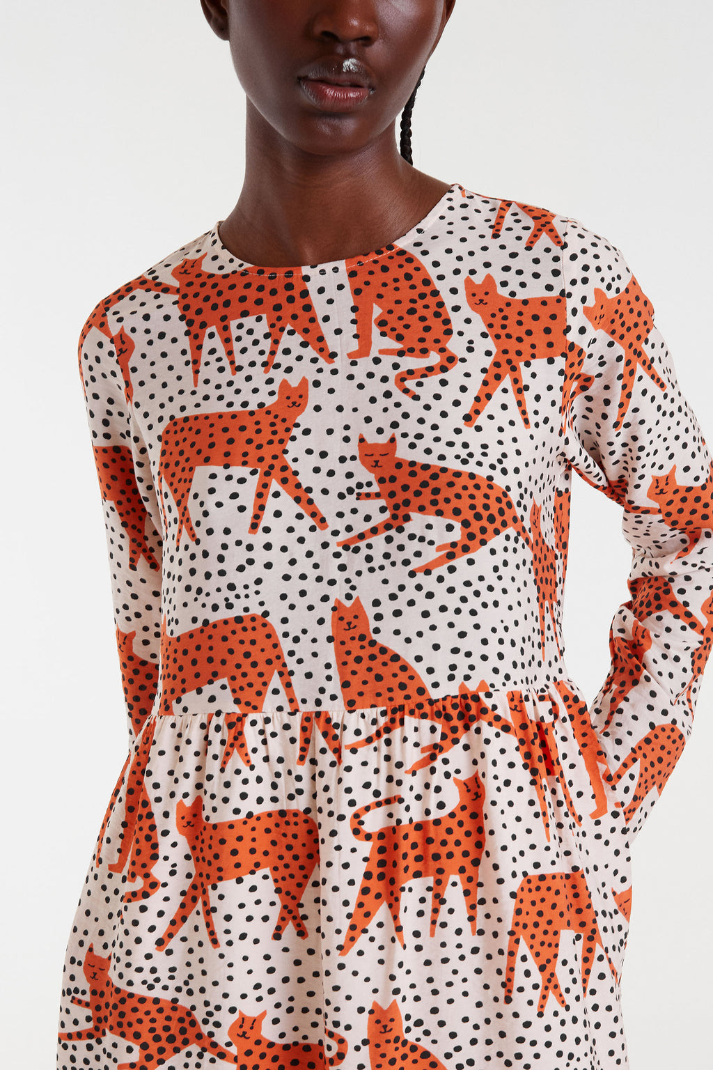 Midi Dress with Orange Cat Patern