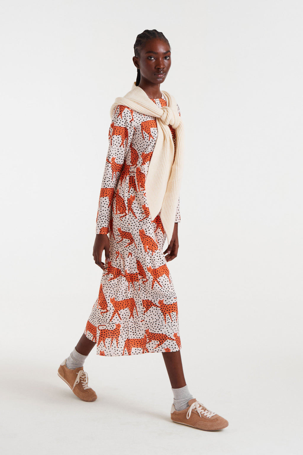Midi Dress with Orange Cat Patern