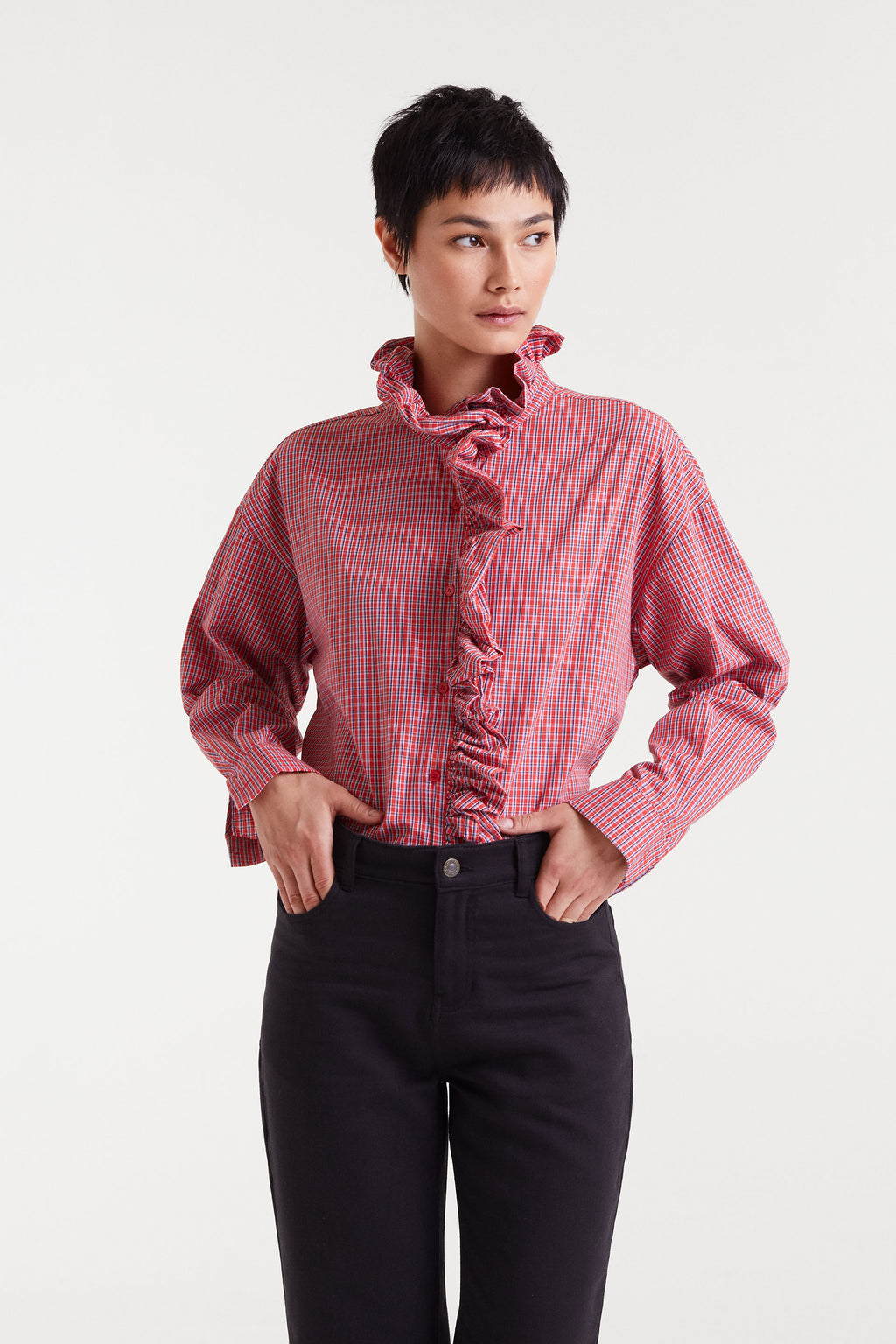 Cotton Shirt with Red Gingham Print
