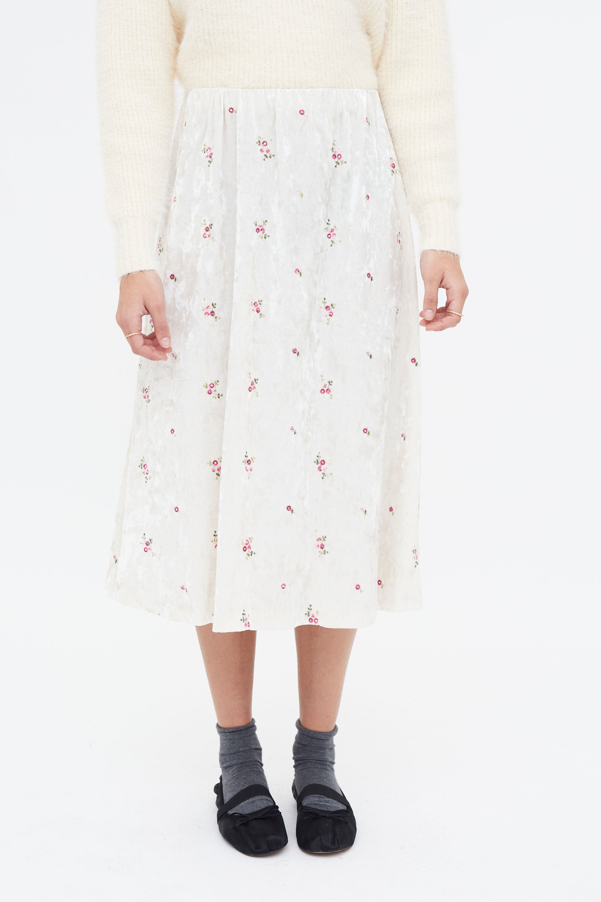 Velvet Midi Skirt with Floral Print