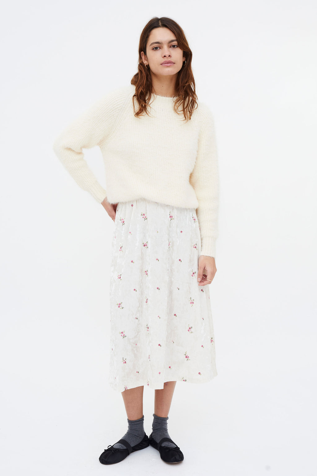 Velvet Midi Skirt with Floral Print