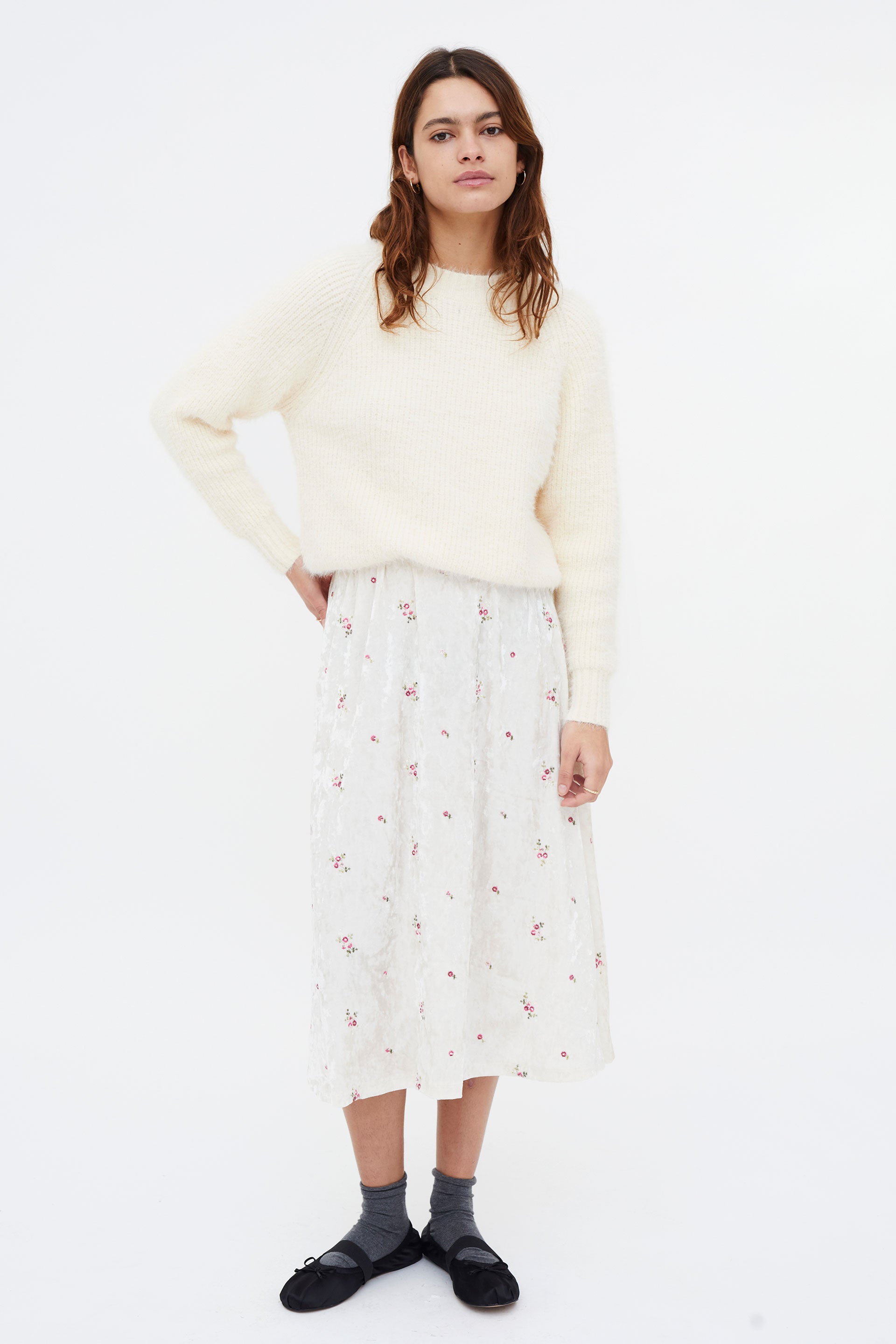 Velvet Midi Skirt with Floral Print