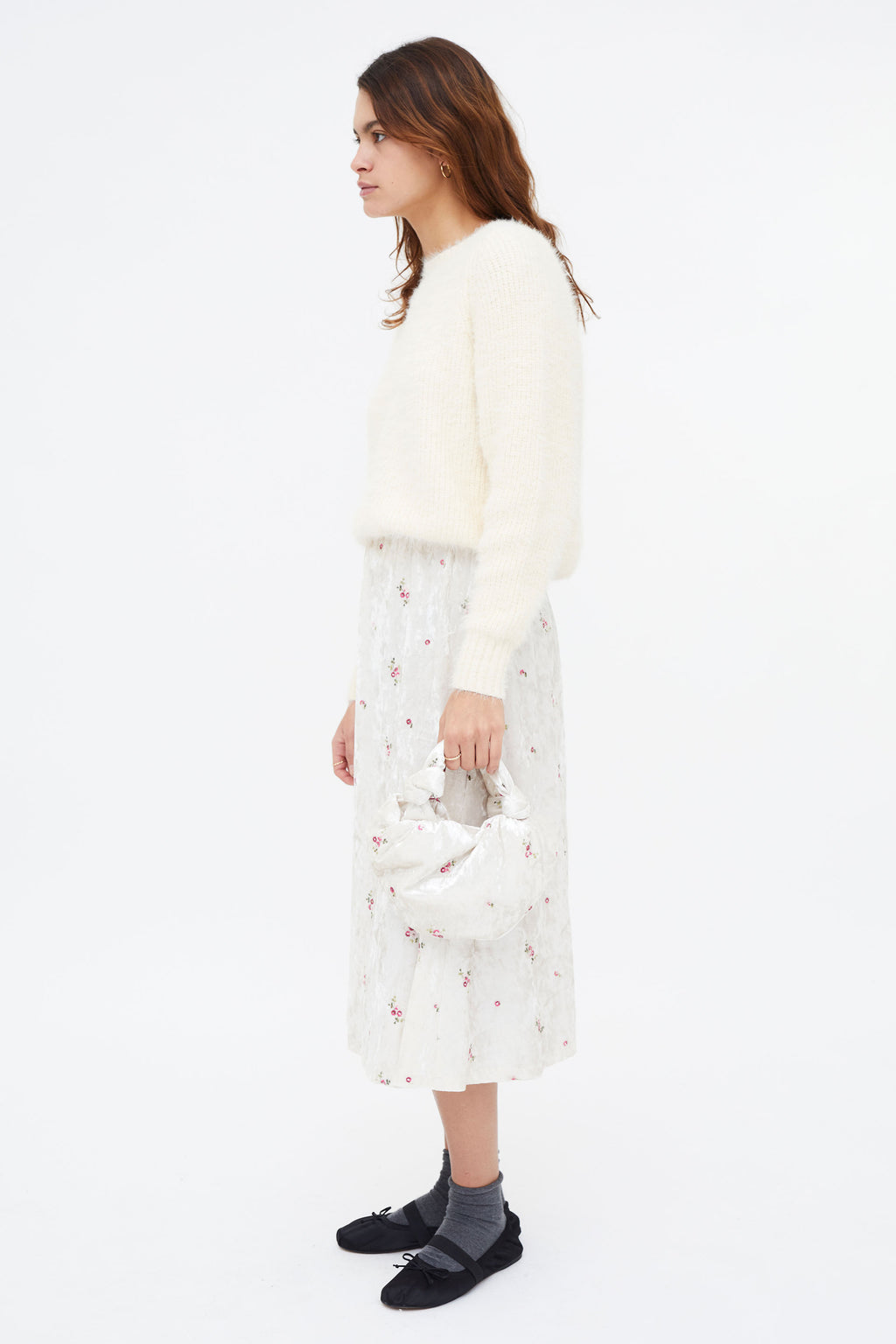 Velvet Midi Skirt with Floral Print