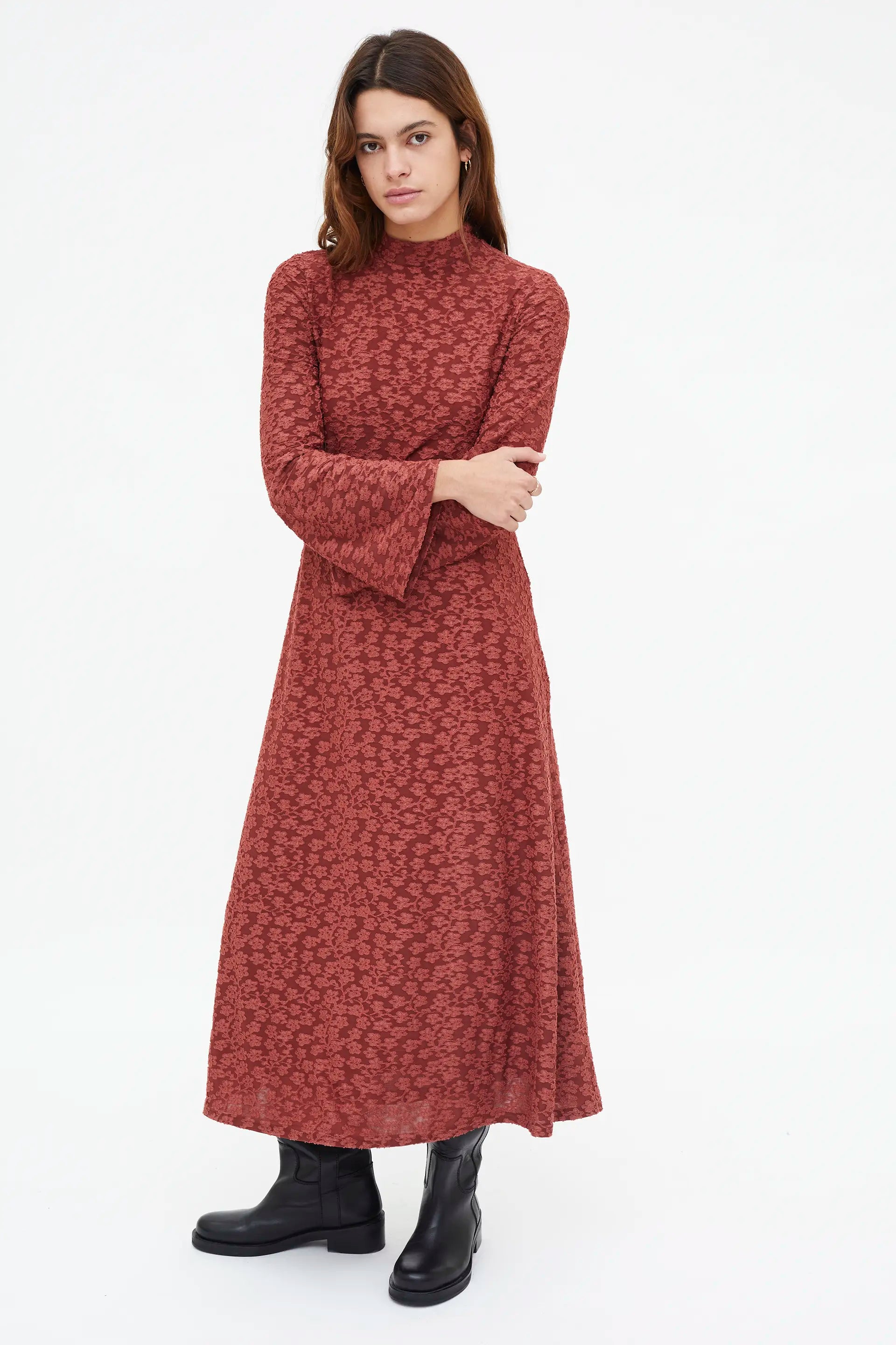 Maxi Rust Floral Long Sleeve Dress