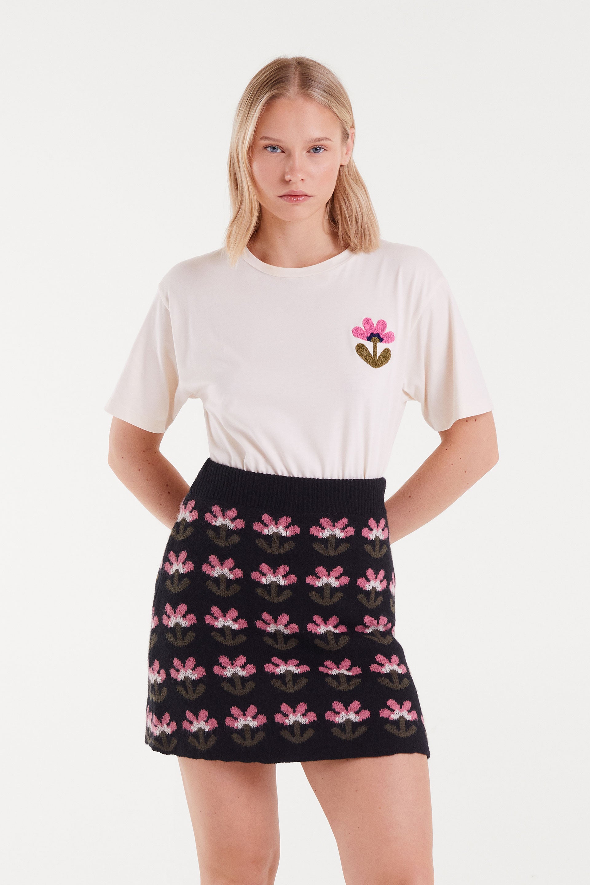 White T-Shirt with Floral Embroidery