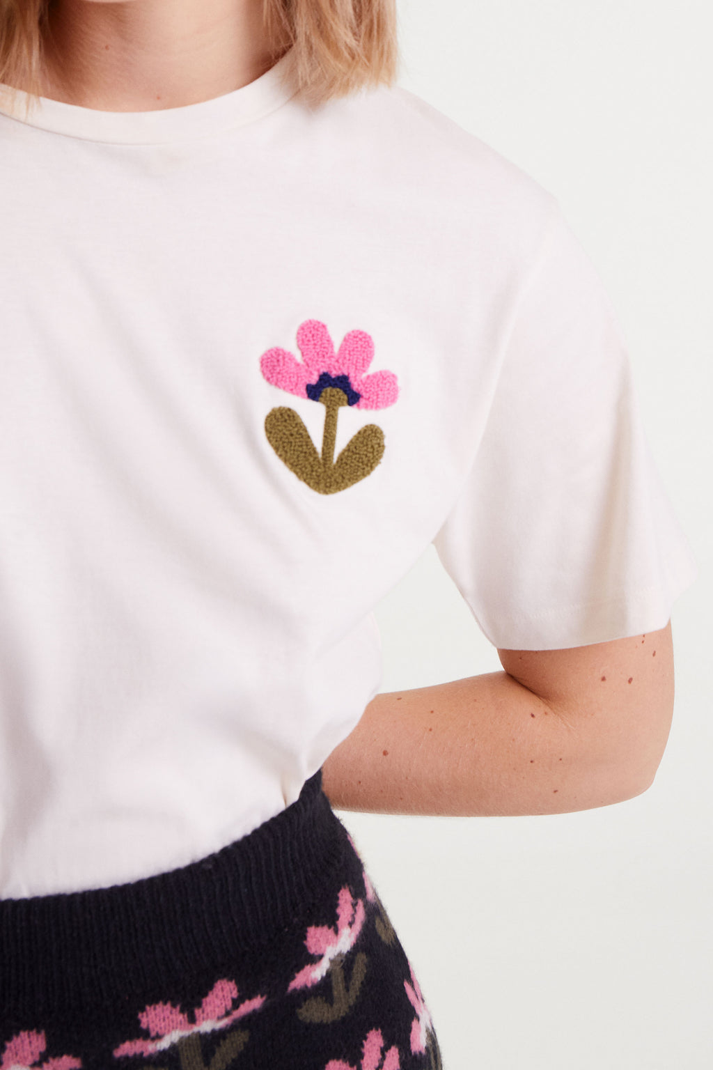 White T-Shirt with Floral Embroidery