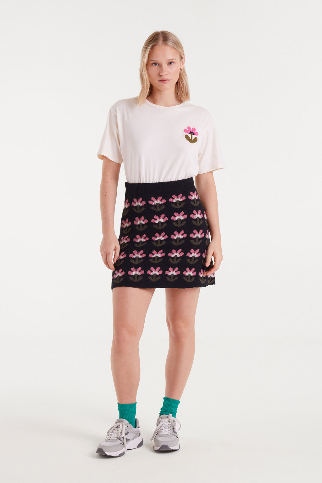 White T-Shirt with Floral Embroidery