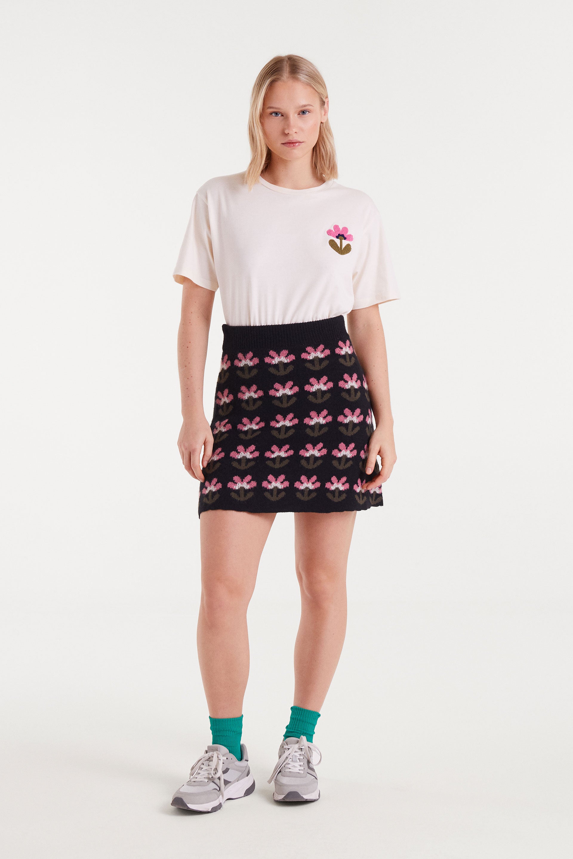 White T-Shirt with Floral Embroidery