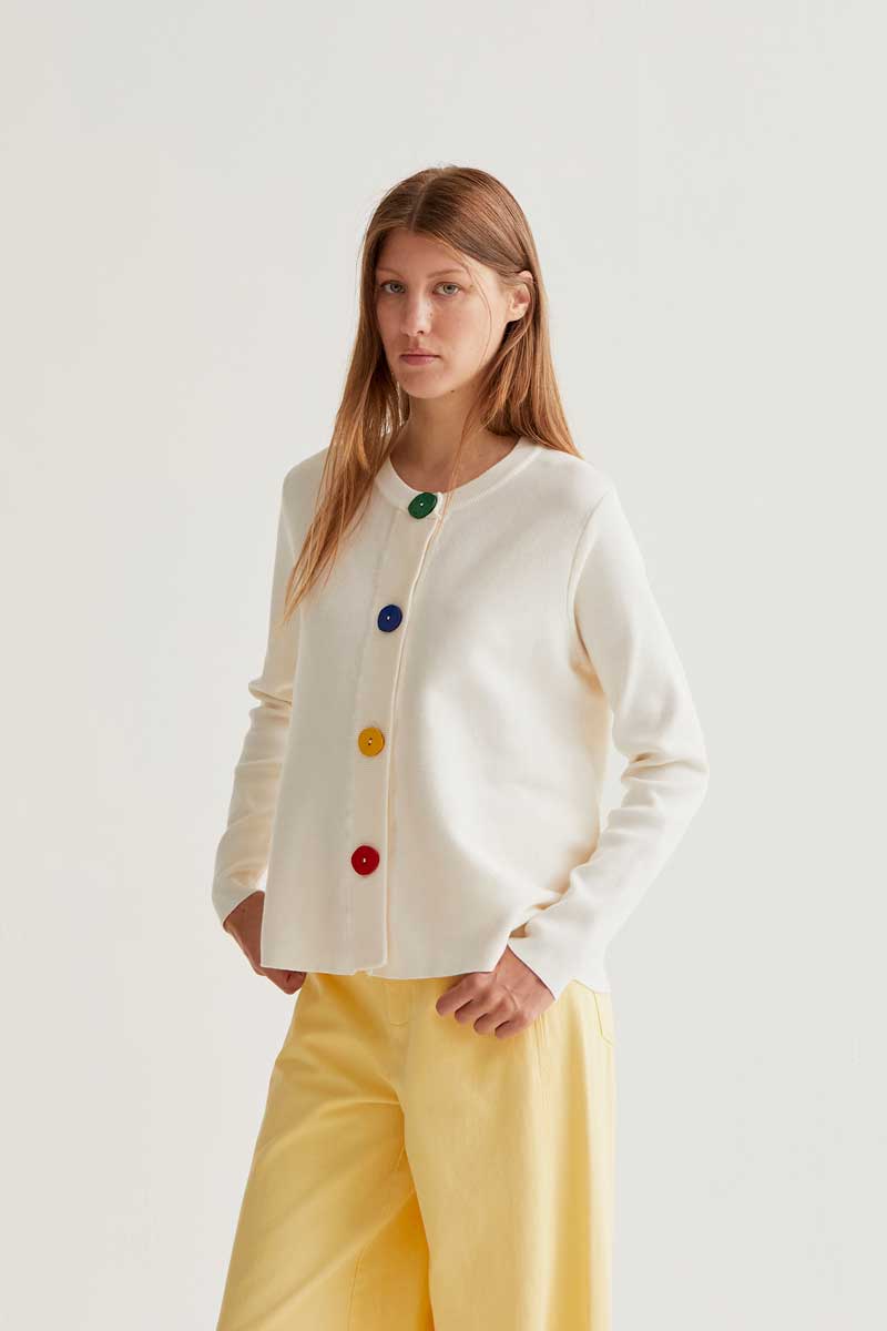 White Knit Cardigan with Multicolored Buttons