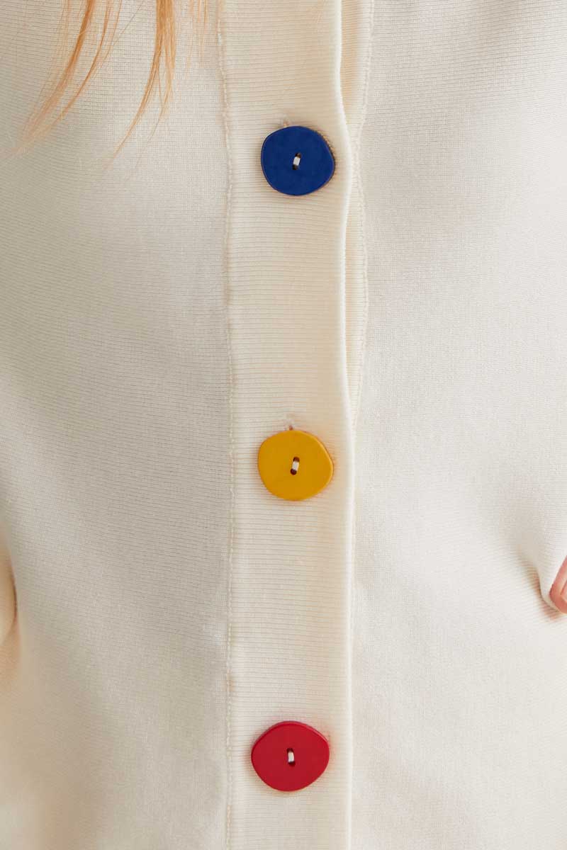 White Knit Cardigan with Multicolored Buttons