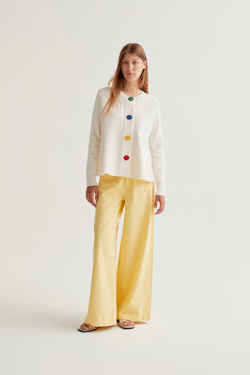 White Knit Cardigan with Multicolored Buttons
