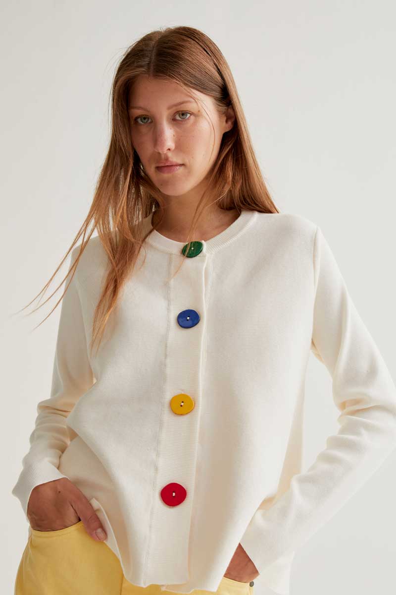 White Knit Cardigan with Multicolored Buttons