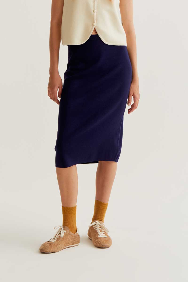 Navy Blue Knit Midi Skirt