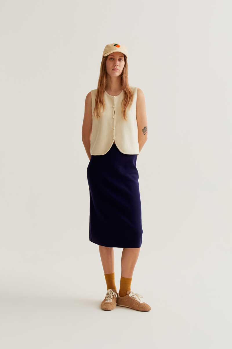 Navy Blue Knit Midi Skirt