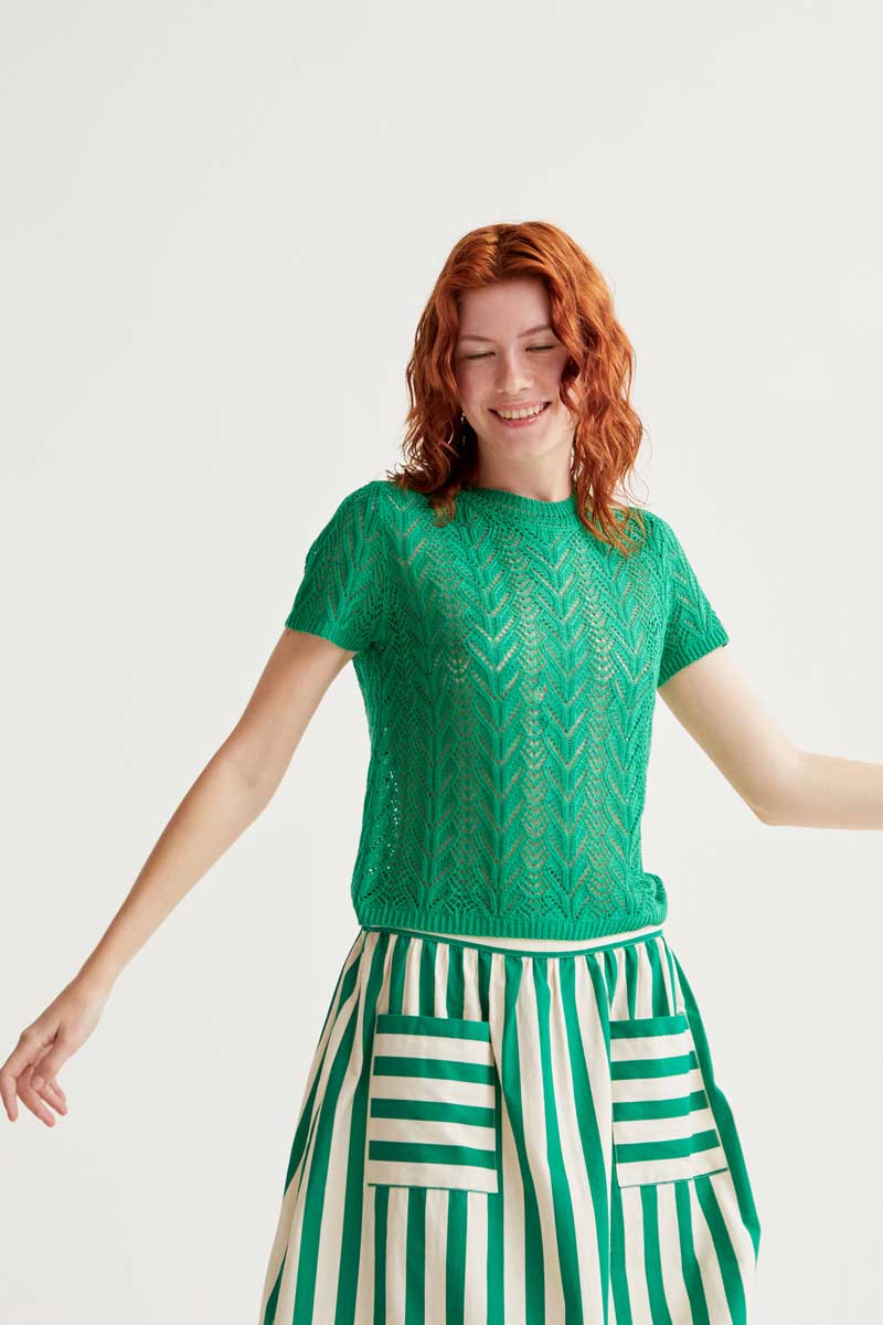 Openwork Embroidered Green Top