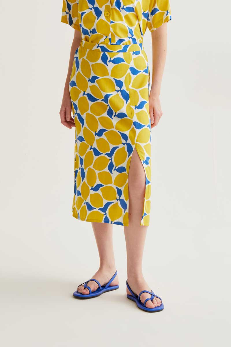 Lemon Print Midi Skirt