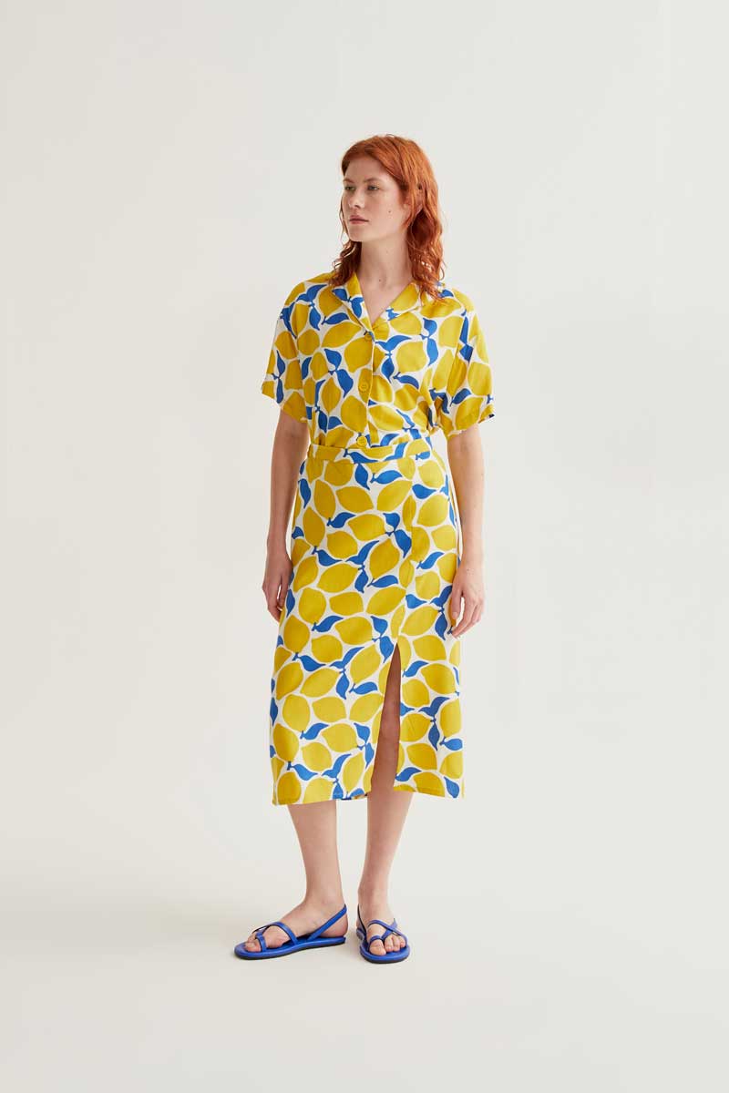 Lemon Print Midi Skirt