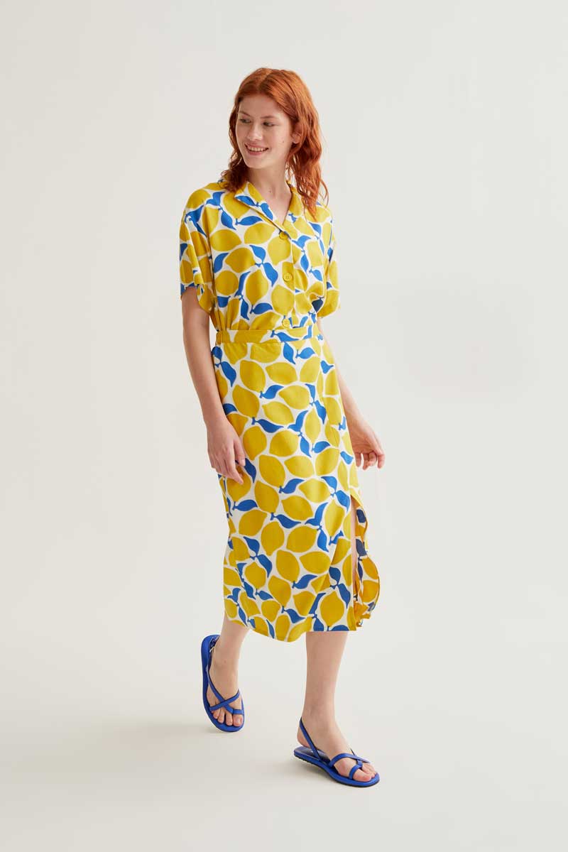 Lemon Print Midi Skirt
