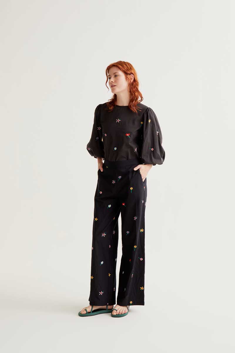 Black Trousers with Flower Print