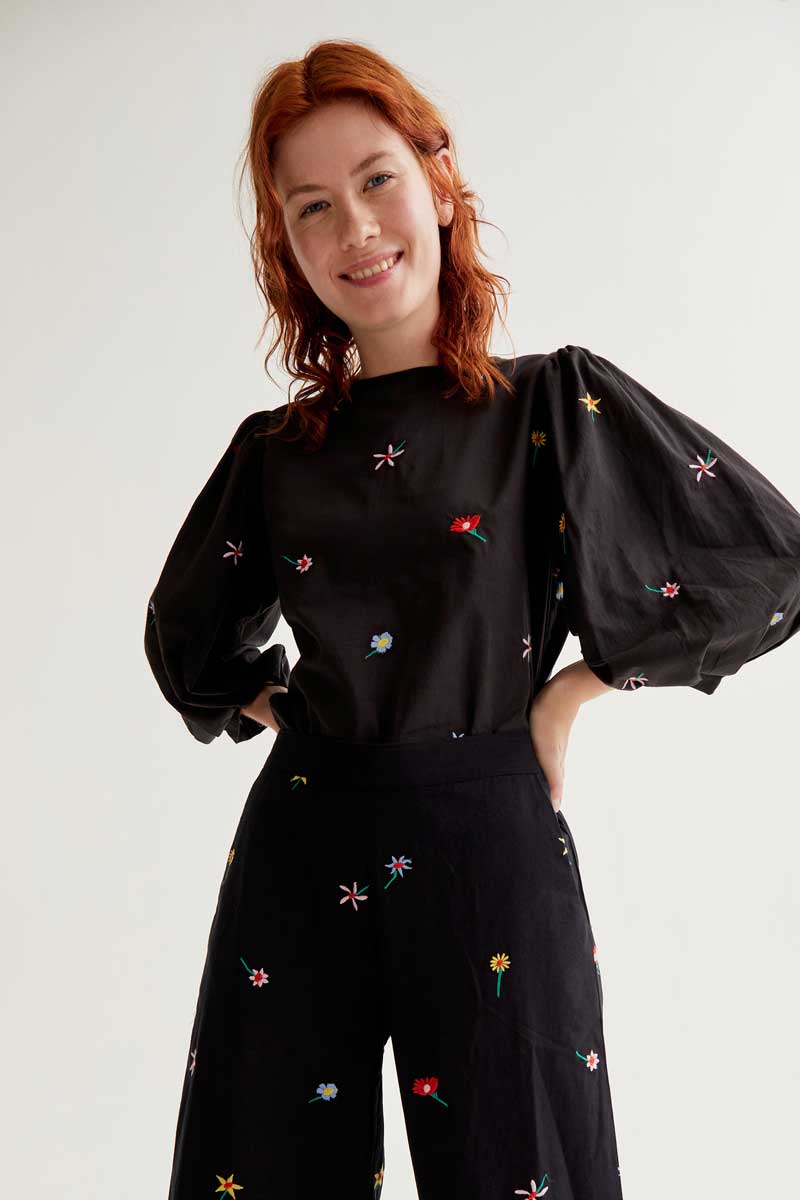 Black Trousers with Flower Print